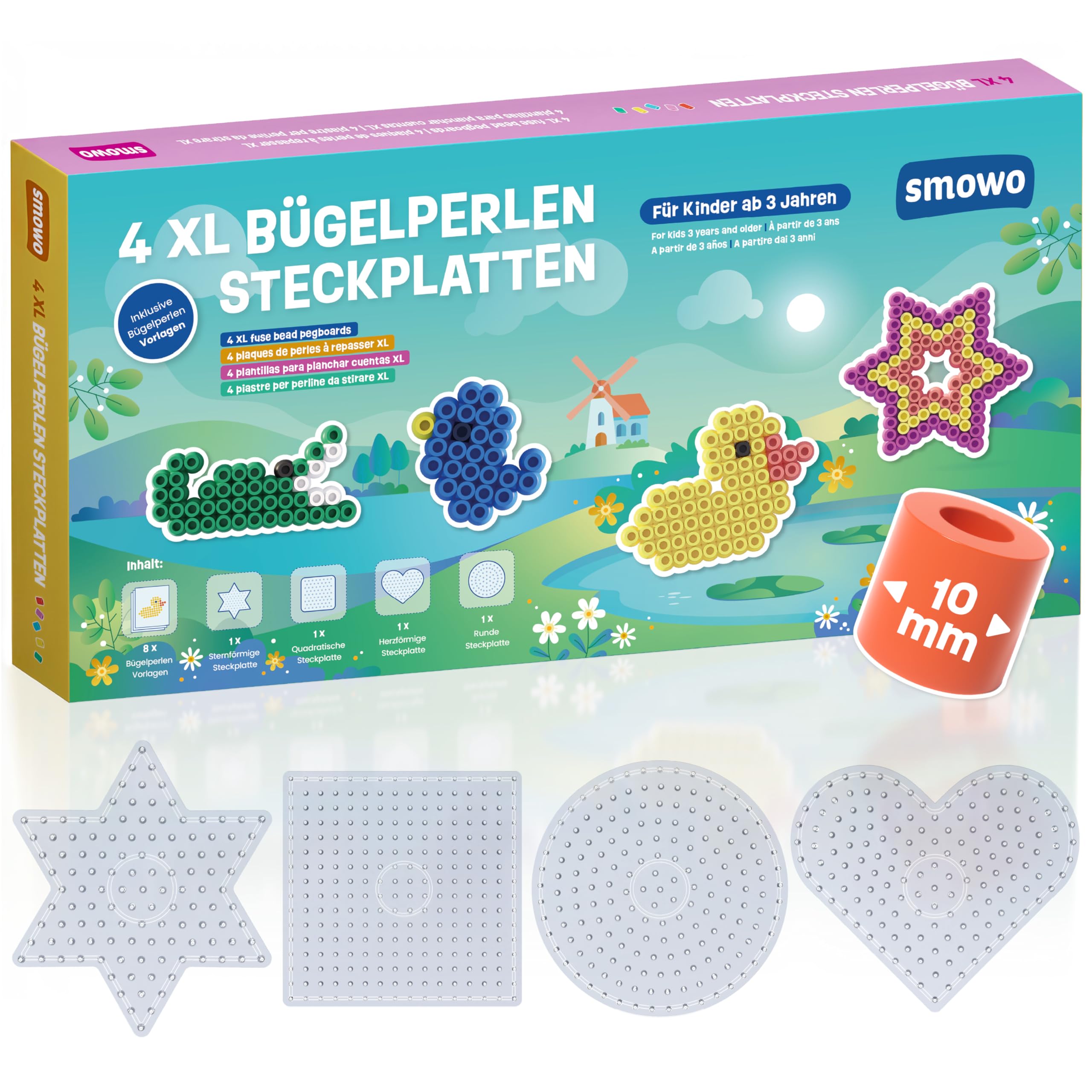 Smowo® 10mm Bügelperlen Platten in vielen Formen - Set mit 4 Steckplatten und Vorlagen - Rund, Stern, Viereck, Herz – Große Maxi Stiftplatten für Kinder ab 3 Jahren