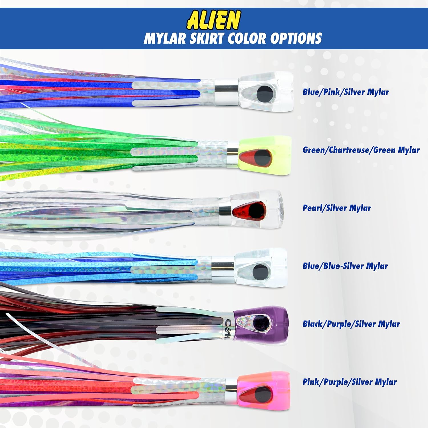C&H Lures Alien Fishing Lures - 7.5 Inch & XL 10.5 inch High Speed Trolling Lure with Concave Acrylic Head, Hologram Eye, Vibrant Colors - Saltwater Fishing Lures in Vinyl, Mylar & Nylon Hair Skirt