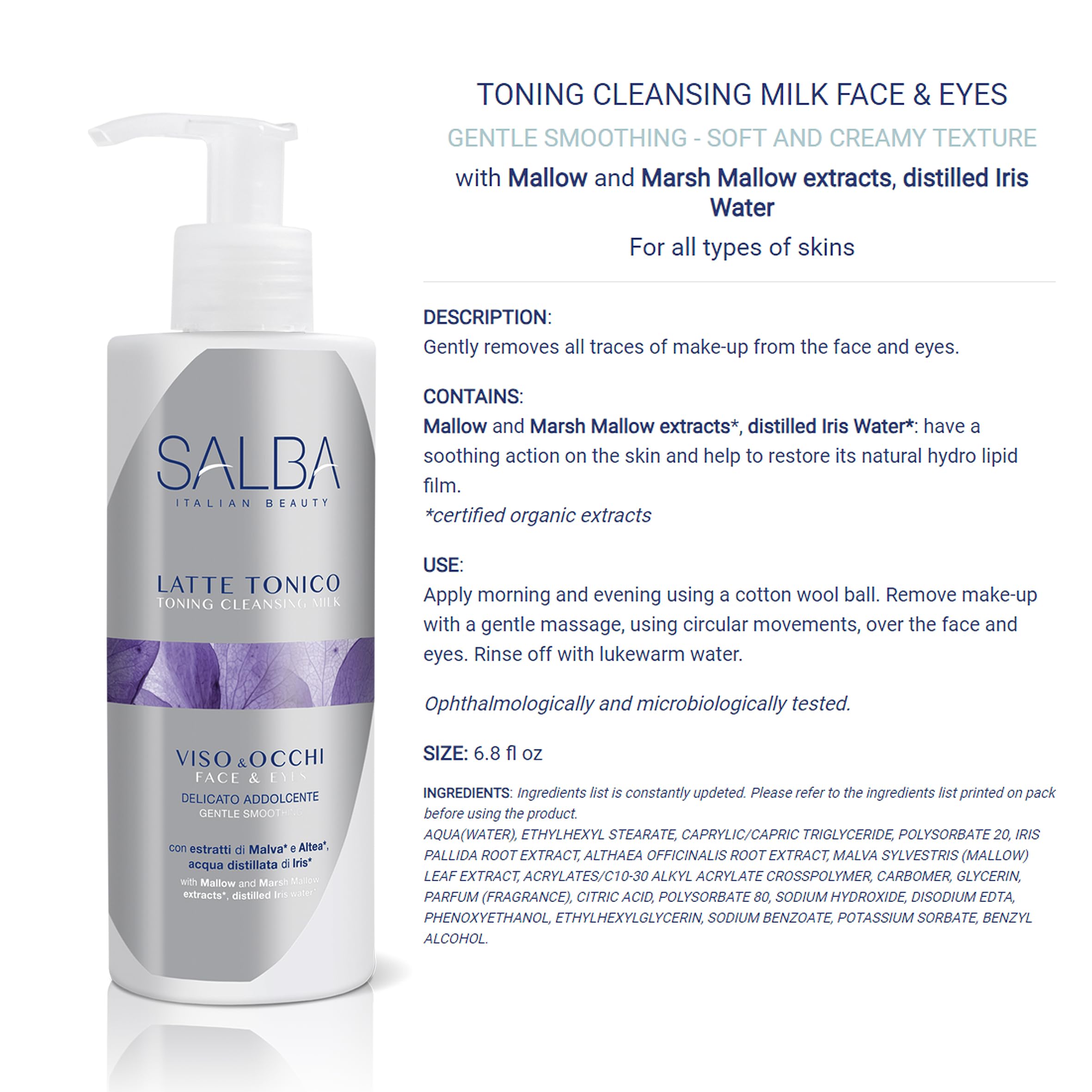 SALBA Latte Tonico Viso & Occhi Detergente Struccante Delicato Addolcente, Texture Soffice e Cremosa, con Estratti di Malva e Altea, Acqua Distillata di Iris, per Tutti i Tipi di Pelle, 200 ml