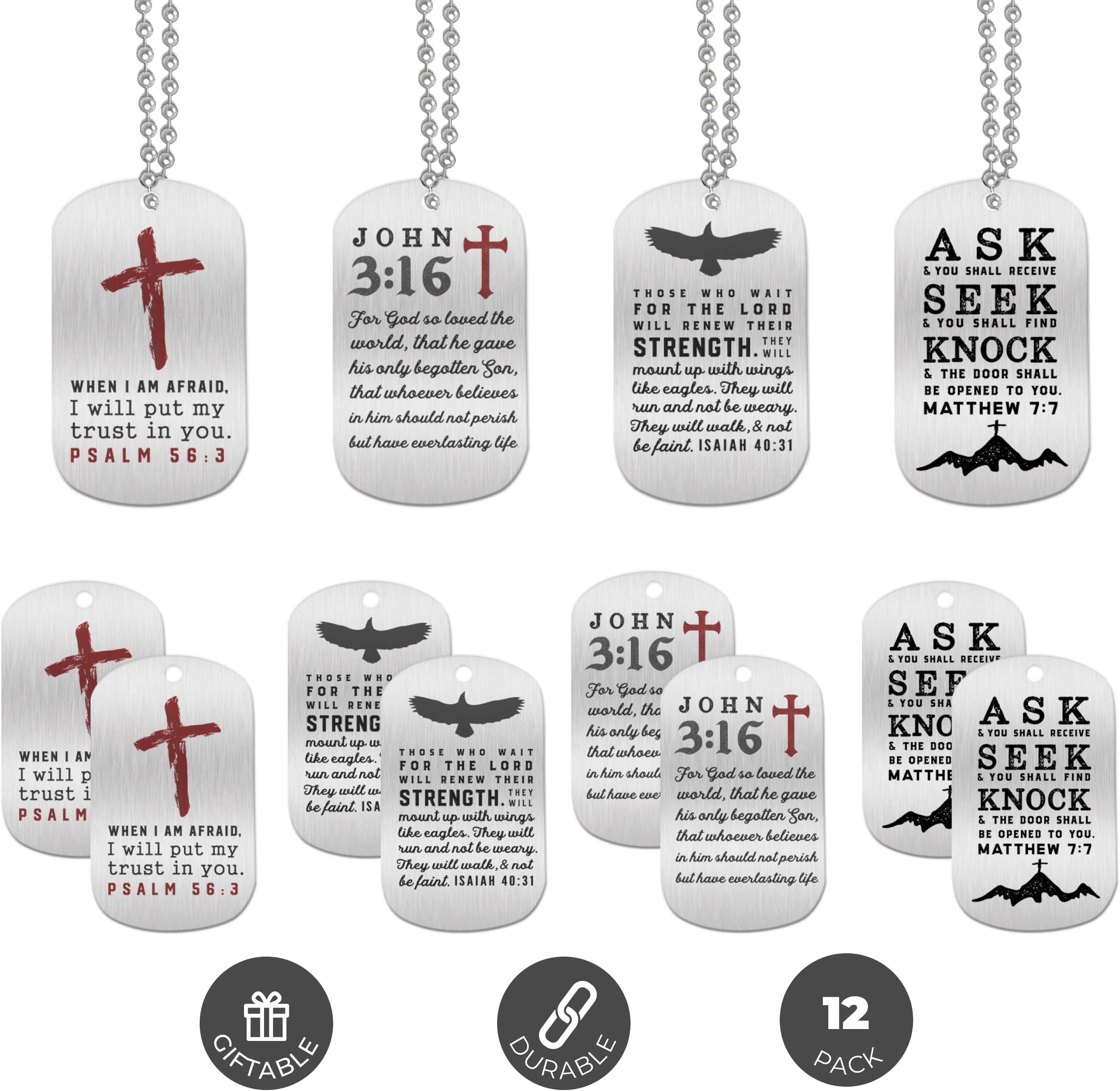 InkstoneDogtag Necklaces | (4 Pack) | Bible Verses Psalm 56:3, Isaiah 40:31, and Matthew 7:7" | Wholesale Bulk Religious Party Favors and Christian Bible Gifts for Men Women