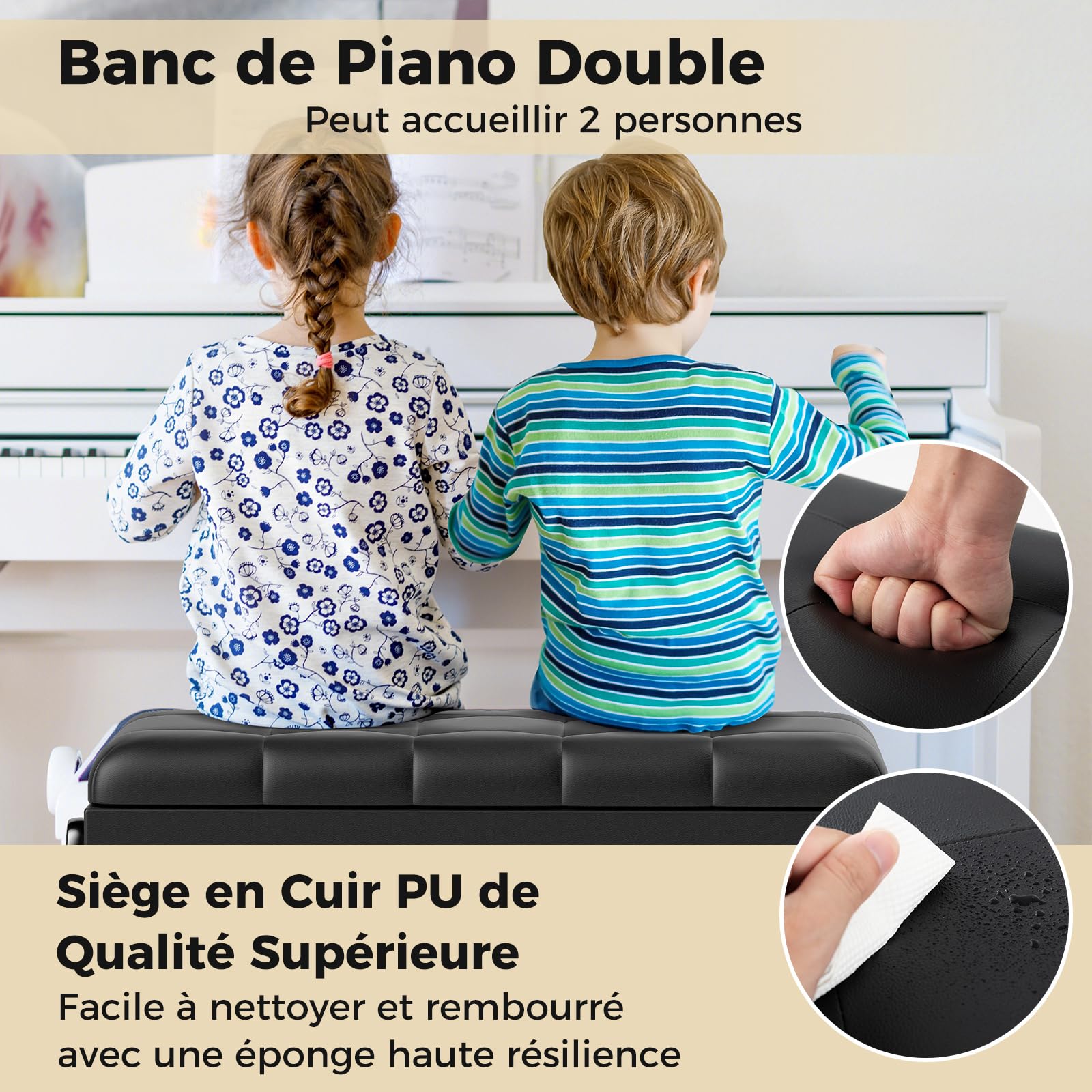 COSTWAY Tabouret Piano Réglable en Hauteur 48-58 cm, Banquette Piano avec Rangement, Siege Piano Double en Bois, Coussin Rembourré Imperméable, Banc de Piano, Charge Max. 200 kg, Noir