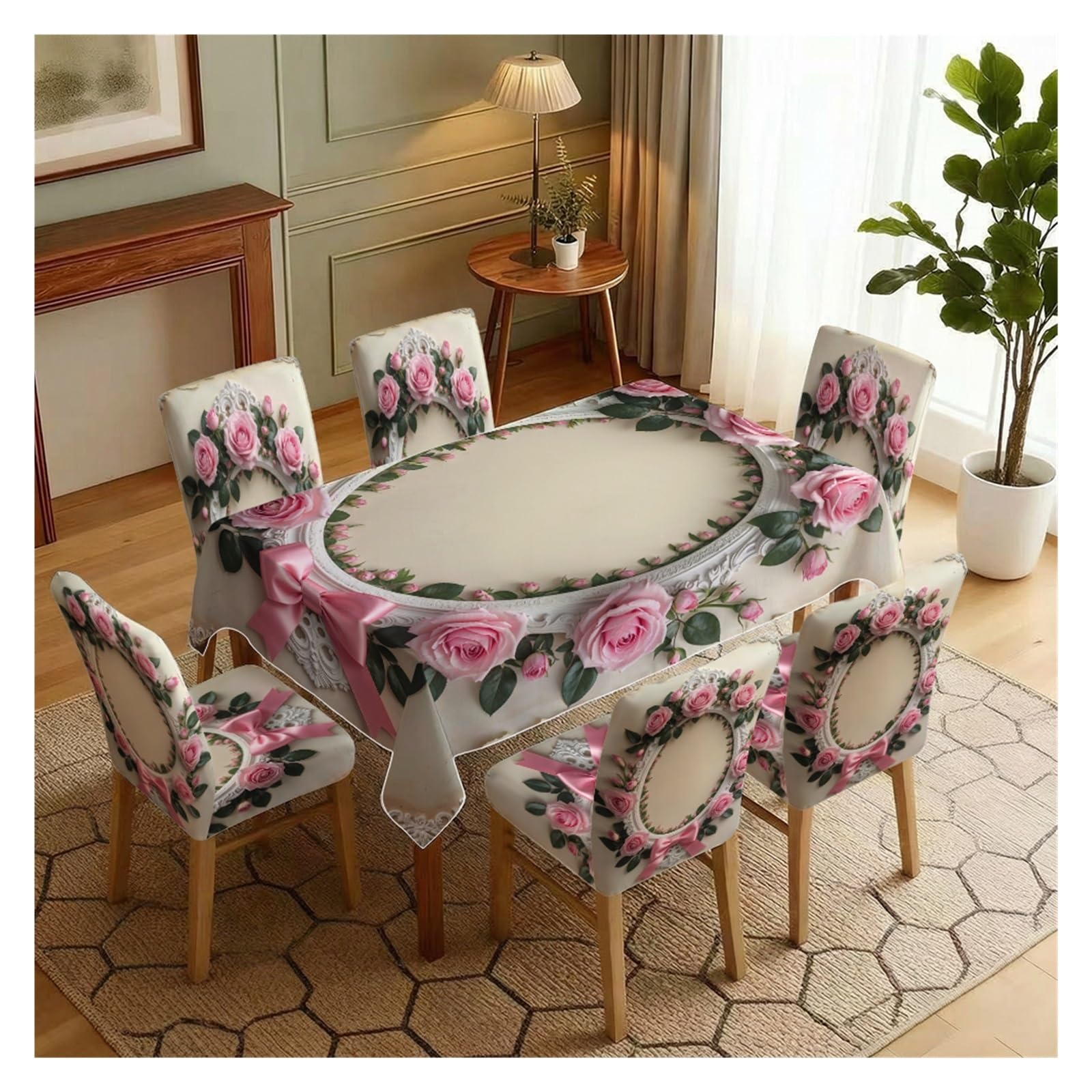 BOSUYBN Vintage Pink Rose Wreath Bow Frame Printed Dining Tablecloth & Chair Covers Set, 5/7 Piece Shabby Chic Romantic Cottage Home Decor Table Setting(7pcs Set: Tablecloth+Chair Covers)