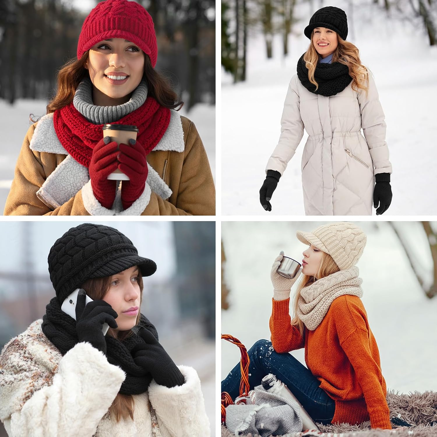 9 Pcs Women Hat Scarf Gloves Winter Set, Warm Knitted Beanie Hat Circle Neck Scarves and Touchscreen Gloves Warmer Winter Set Gifts for Women - Image 5