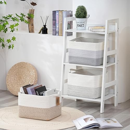 Miniatura 5 de COMFY-HOMI Paquete de 3 cestas tejidas de cuerda de algodón con asas para estantes, libros, juguetes, almacenamiento de tela, almacenamiento de