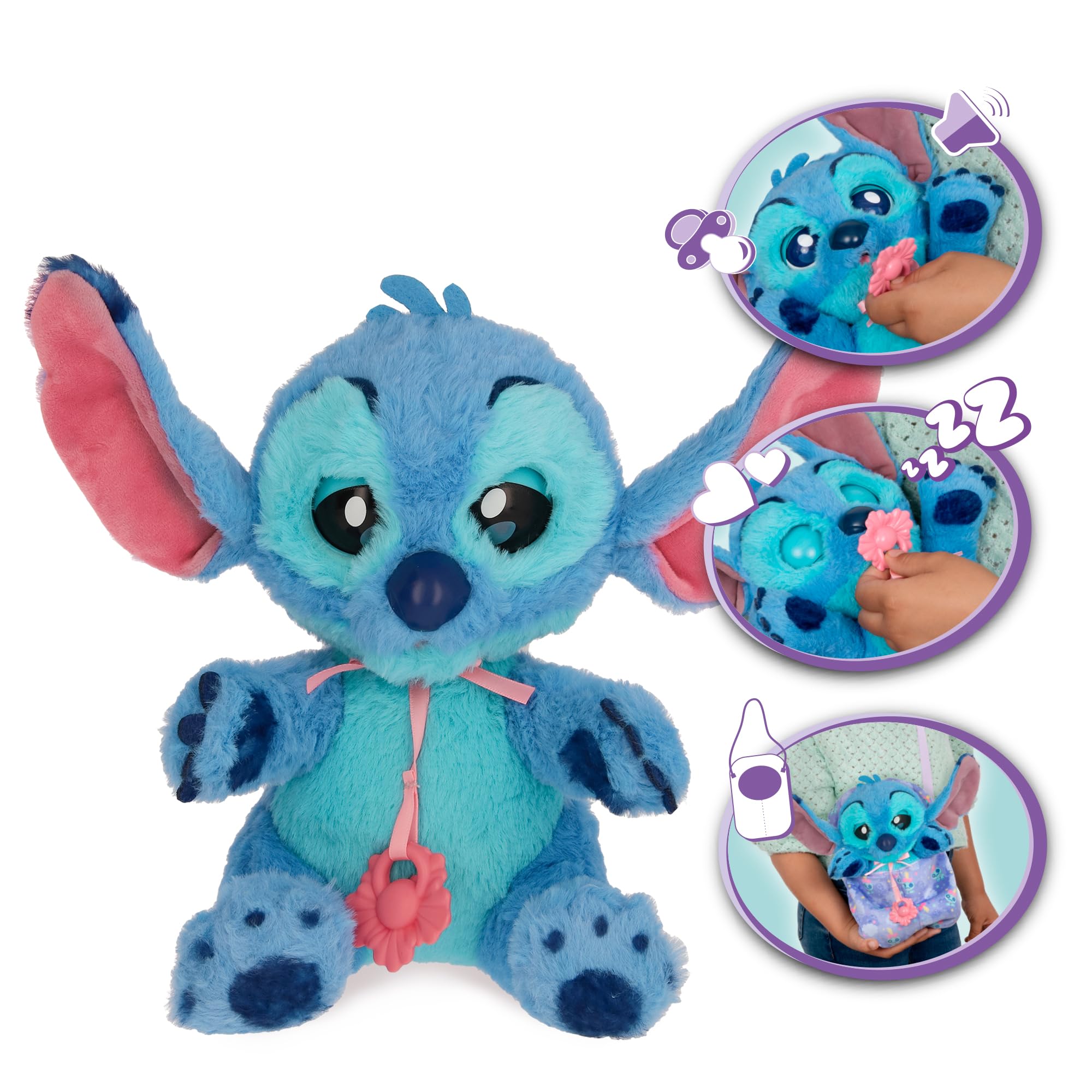 Baby Paws Stitch, Peluche Interactivo, con Sonidos Que Abre y Cierra los Ojos e Incluye una Bolsa para Llevarlo Contigo, Juguete Regalo para Niños y Niñas de 3 Años o Más