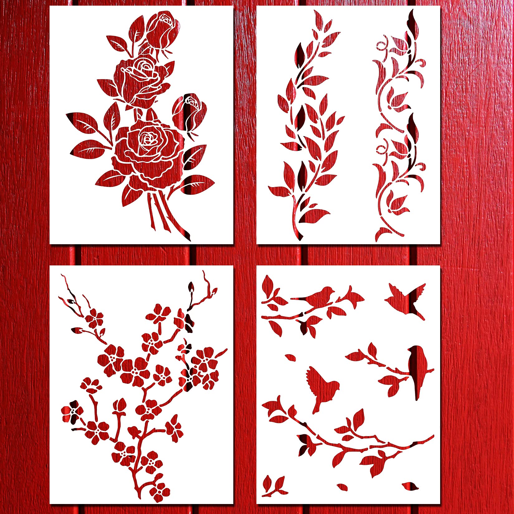 4PCS Cherry Blossom Rose Bird Stencil Tree Branch Stencils Vines Leaf