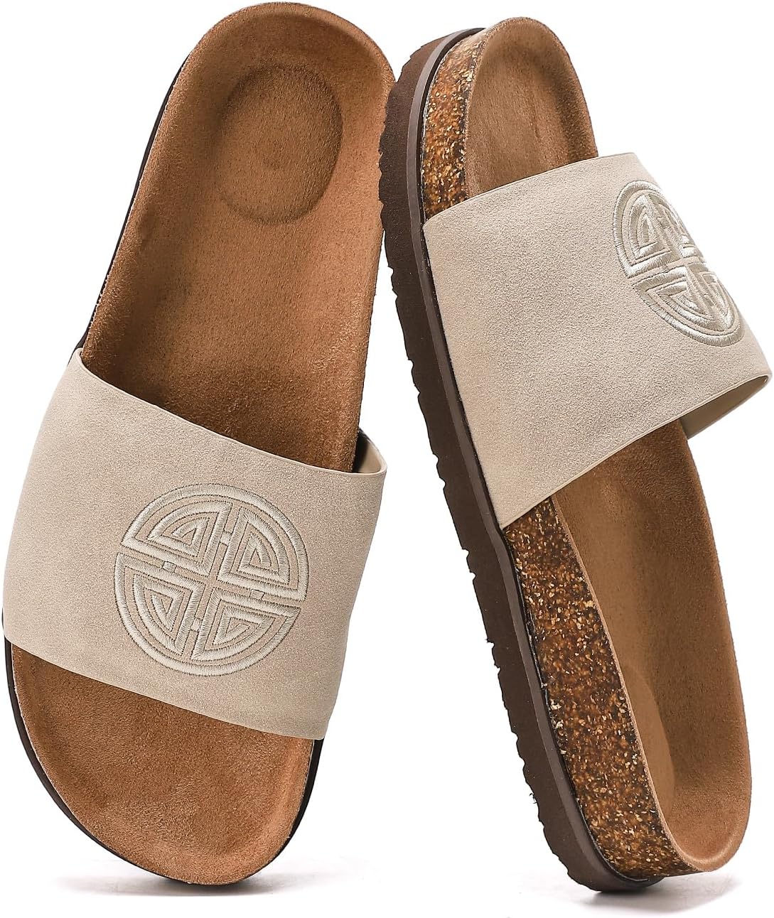 Women's Suede Slide Sandals with Arch Support,Cork Comfortable Summer Flat Sandals for Women 2025 Beach Vacation Shoes,Cute Dressy Sandals Outdoor Slippers