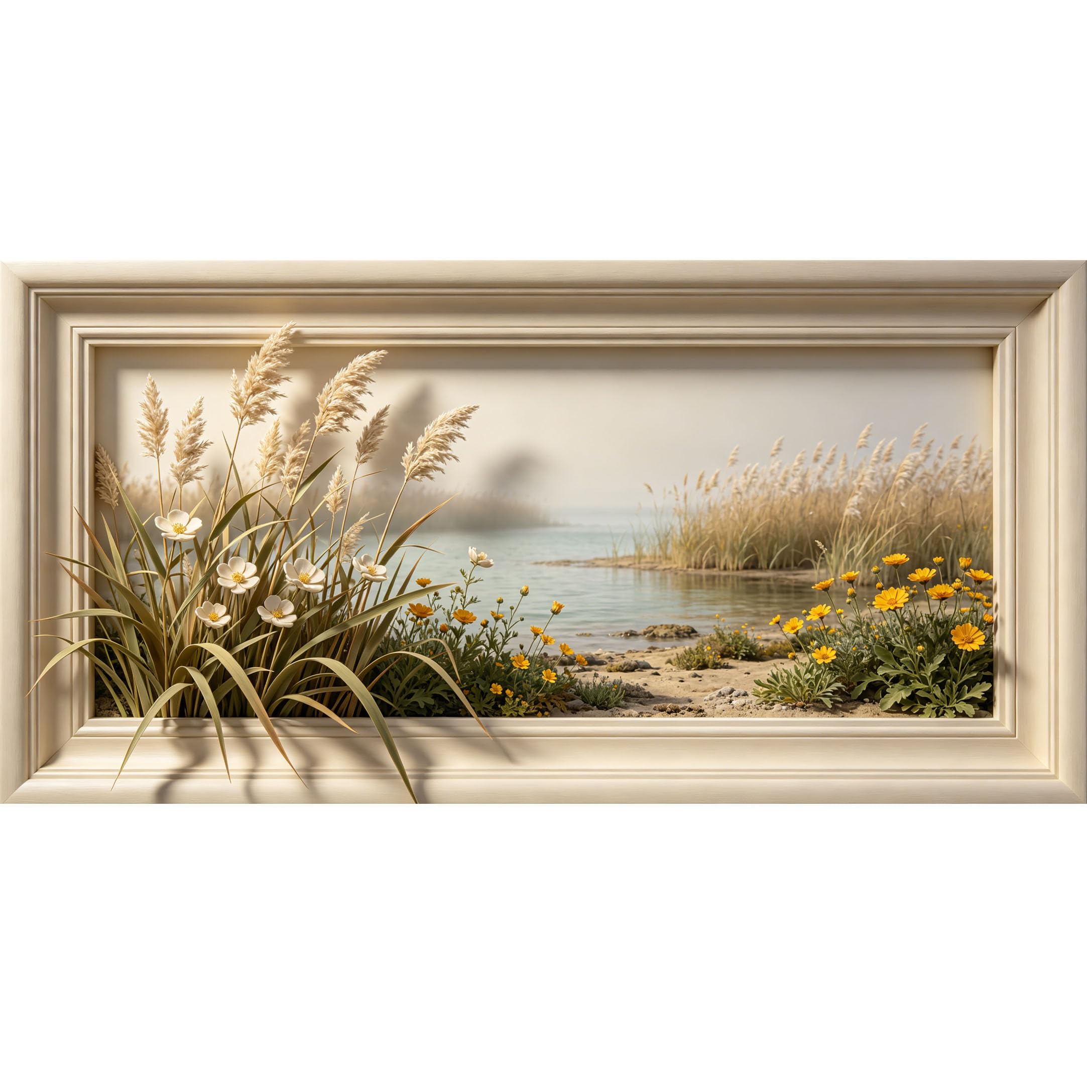 Agglomerix 3D Framed Wall Art Coastal Landscape Wildflowers Reeds Lake Shoreline Trompe l'oeil Large Size SelfAdhesive Removable Wall Decor Prints Artwork for Living Room Bedroom Office