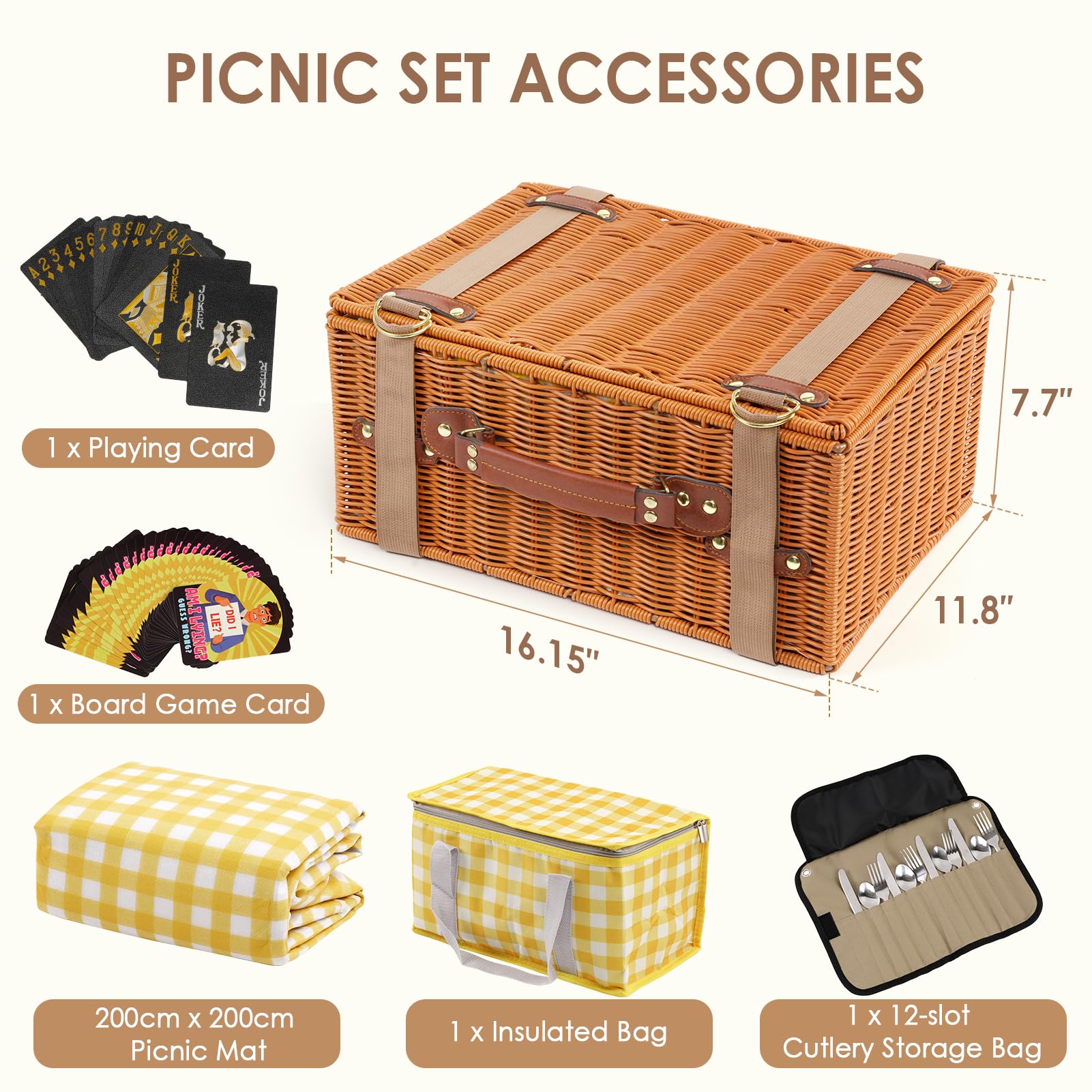 DEWEL - Set di cestini da picnic per 4 persone, con coperta da picnic resistente e impermeabile, borsa termica e set di carte, ideale per campeggio, gite