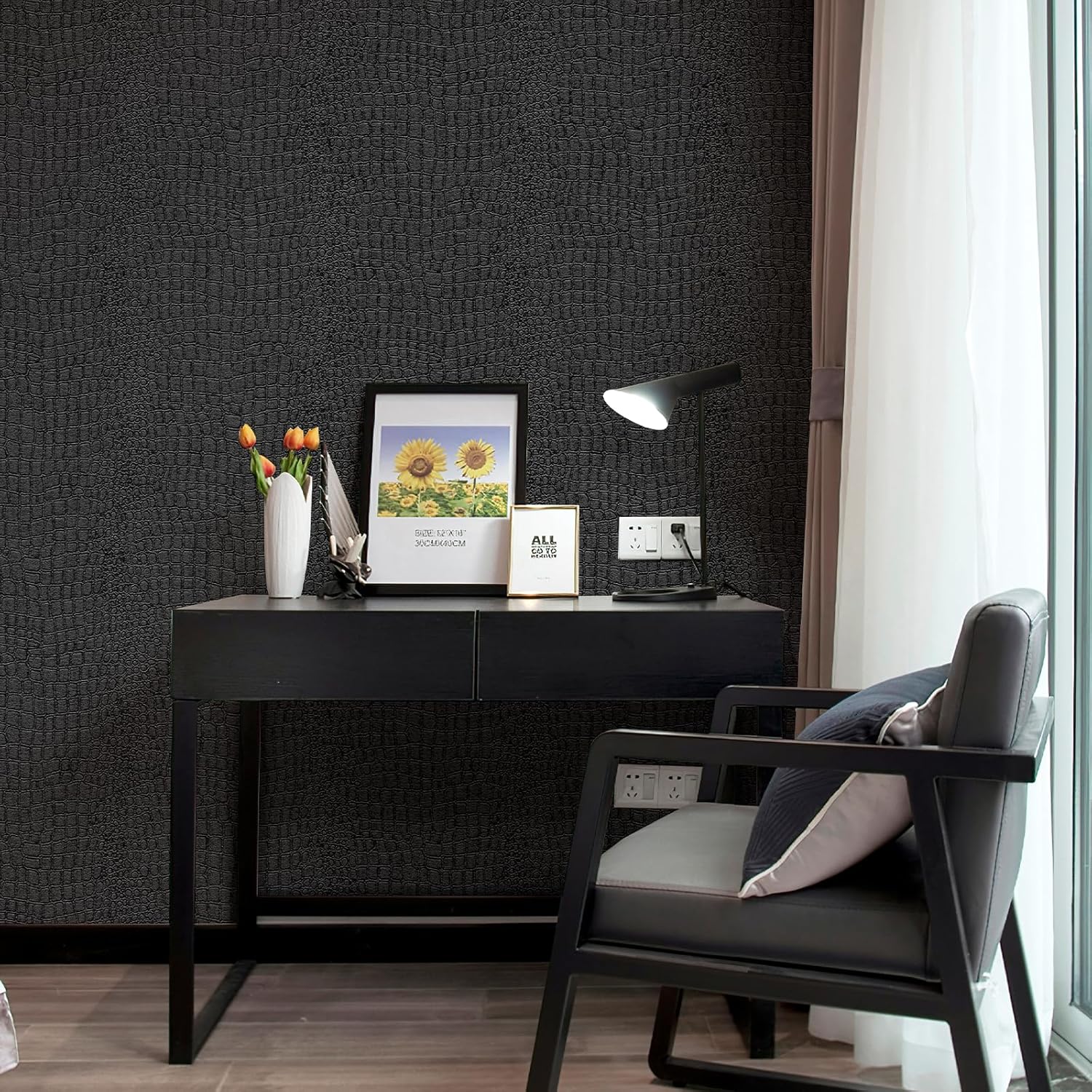 Zeeko Black Peel and Stick Wallpaper 23.6" x 400" Removable Crocodile Wallpaper Embossed Contact Paper Textured Wall Paper for Cabinet Bedroom Bathroom