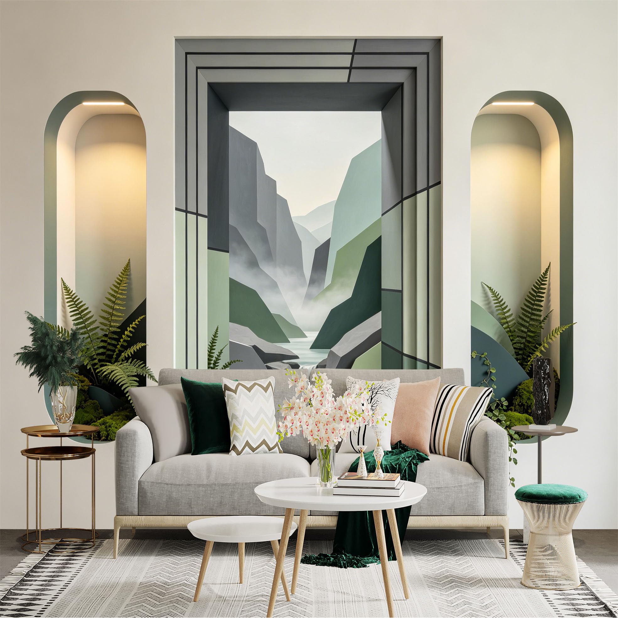Custom Size Wall Sticker Mural， Geometric Mountain Landscape with Waterfall and Green Ferns， for wall Decoration， peelandstick wall Decals.