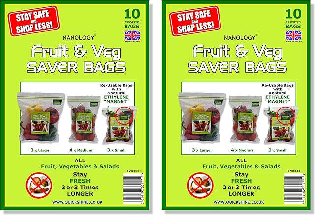 Fruit & Veg Saver BAGS - with New Technology"Ethylene Magnet" - Fresher for Much Longer - 20 bags (2 Packs of 10)