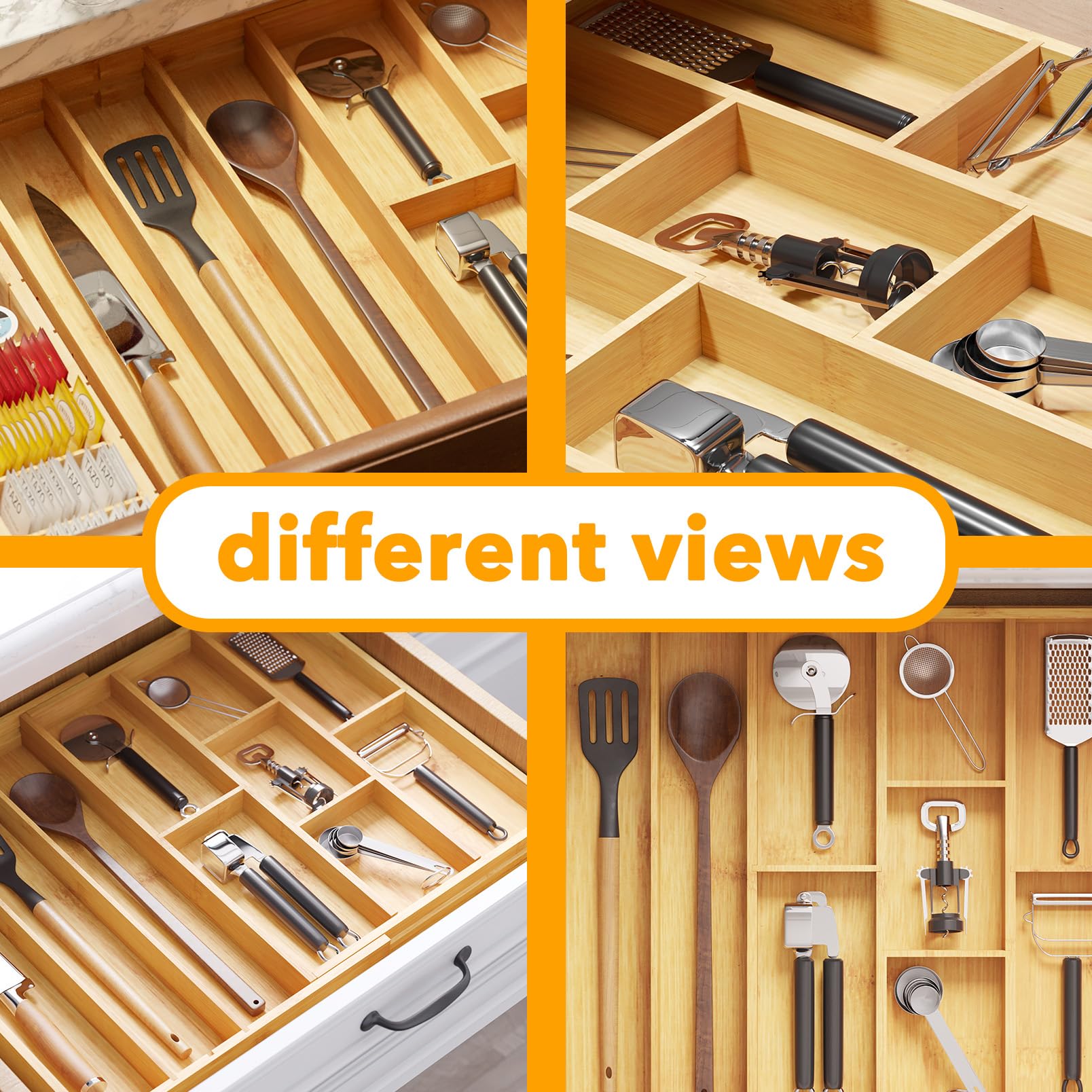 SpaceAid Organizer Per Cassetti In Bambù Alto 6,3 Cm – Vassoio Espandibile Per Posate Con 80 Etichette