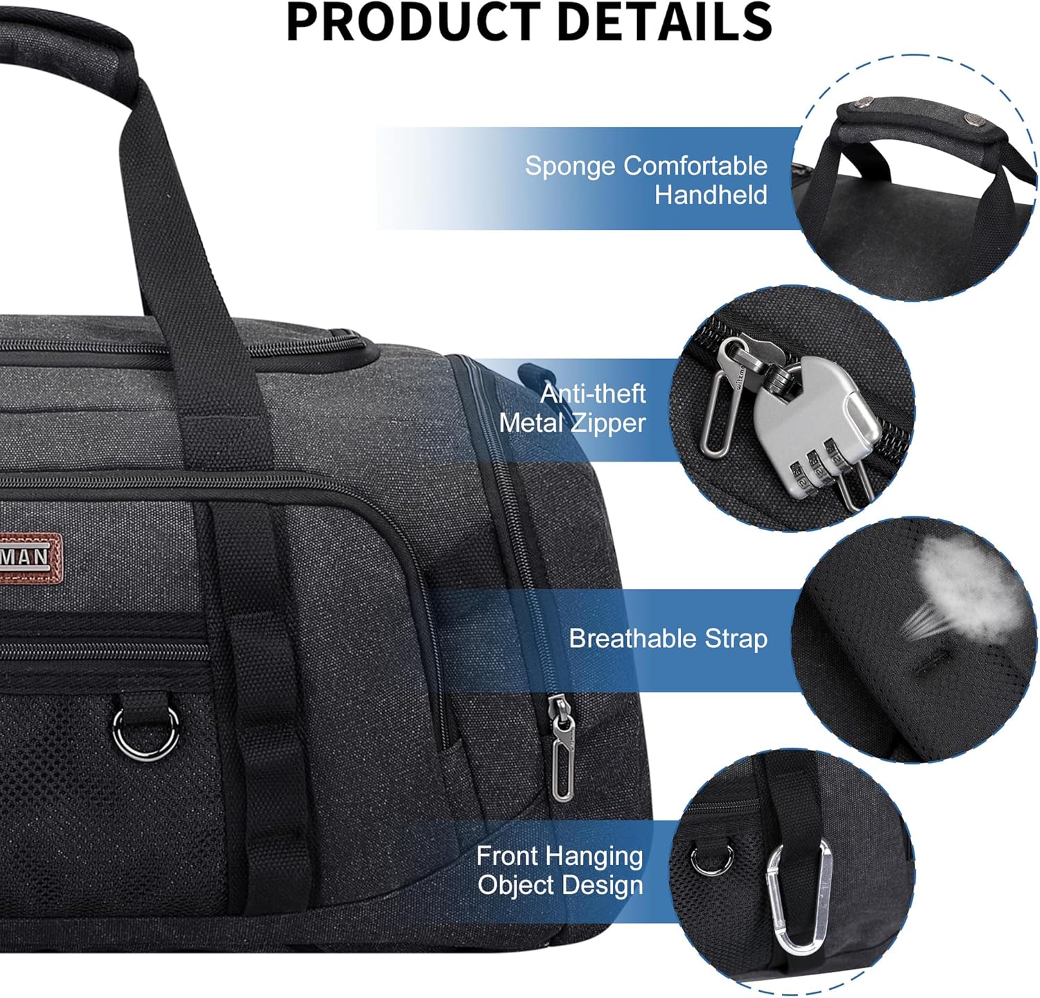 WITZMAN Mens Canvas Duffle Bags for Traveling 45L 3 in 1 Backpack Carry-on Travel Duffel Bags Weekender Overnight Bag for Men(A8006/3 Black)