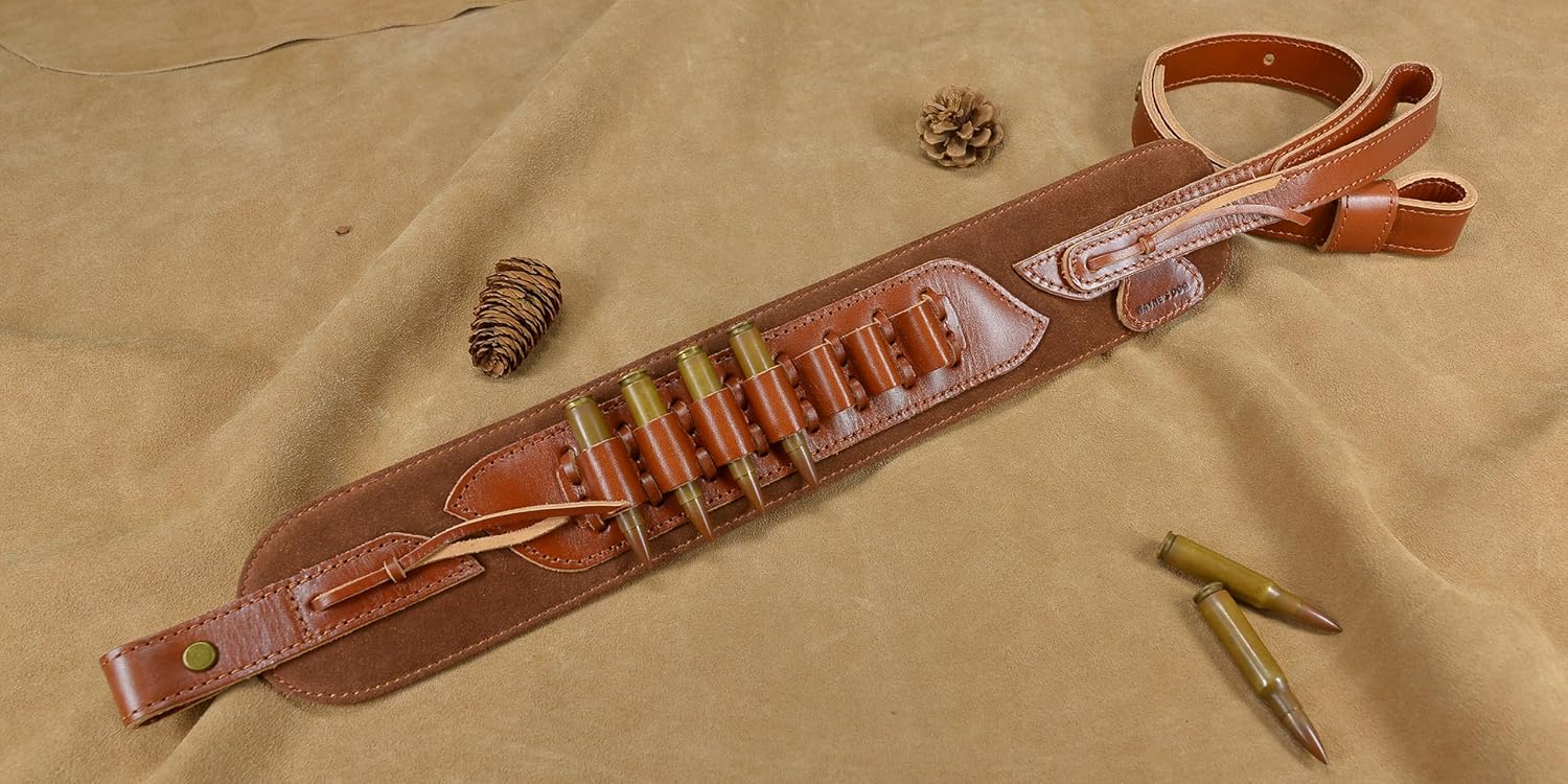 Top-Grain Leather Gun Sling Rifle Strap with Shell Holder for .30-06 .30-30 .45-70 .38/357 .22LR 12GA 20GA