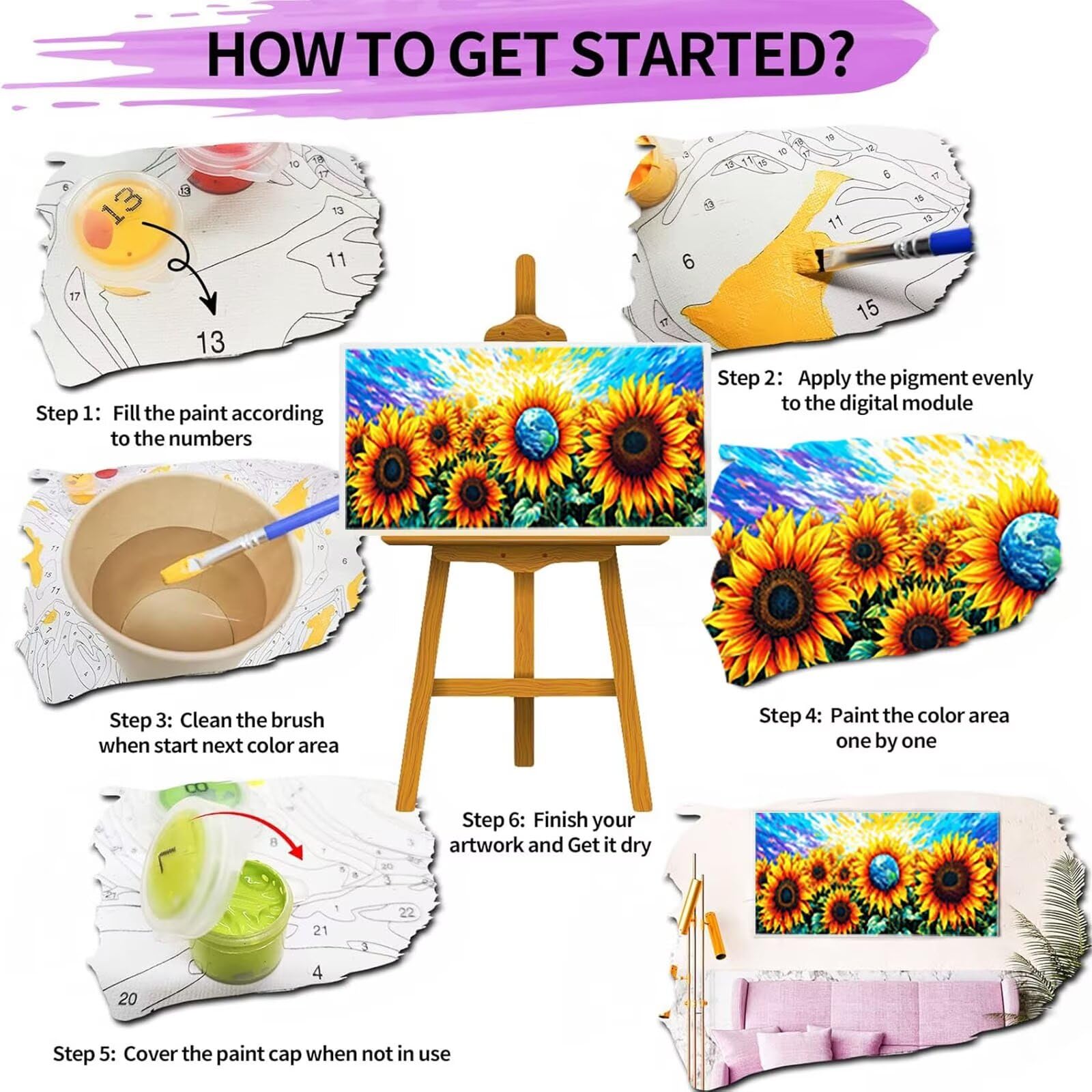 Malen Nach Zahlen für Kinder, Erwachsene und Anfänger, DIY Malen Nach Zahlen Landschaft für Mädchen und Jungen, Sonnenblume (90x180cm), Ohne Rahmen - Kinder über 6 Jahre DIY Handgemalt Gemälde Kit 4-2