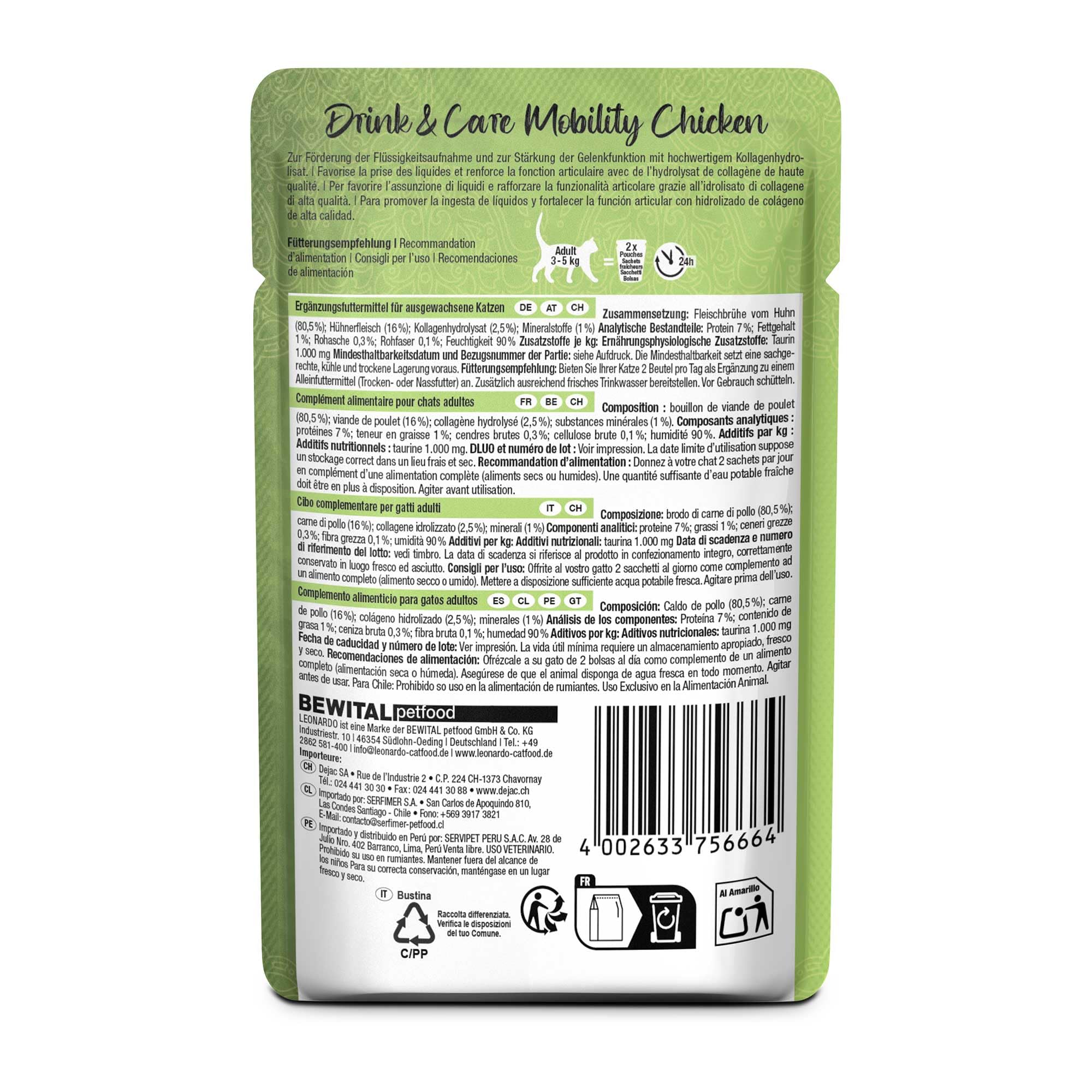 Leonardo Drink & Care Mobility Chicken | 20 x 40 g | Ergänzungsfuttermittel für ausgewachsene Katzen | Zur Unterstützung der Flüssigkeitsaufnahme und der Gelenkfunktion
