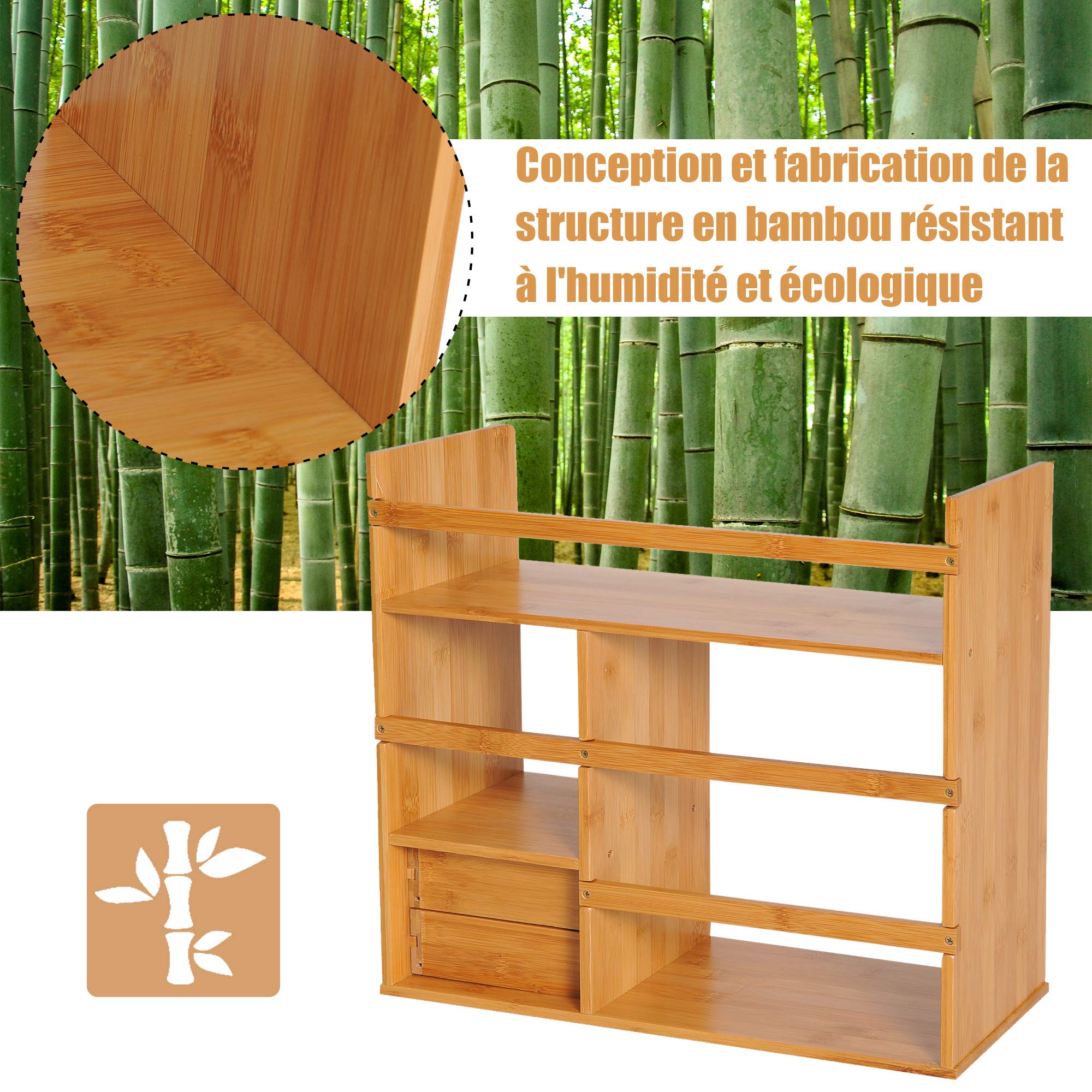 HOMCOM Organiseur de bureau avec tiroirs Bibliothèque multifonctionnel Étagère de Rangement pour Maison École Bureau en Bambou Naturel