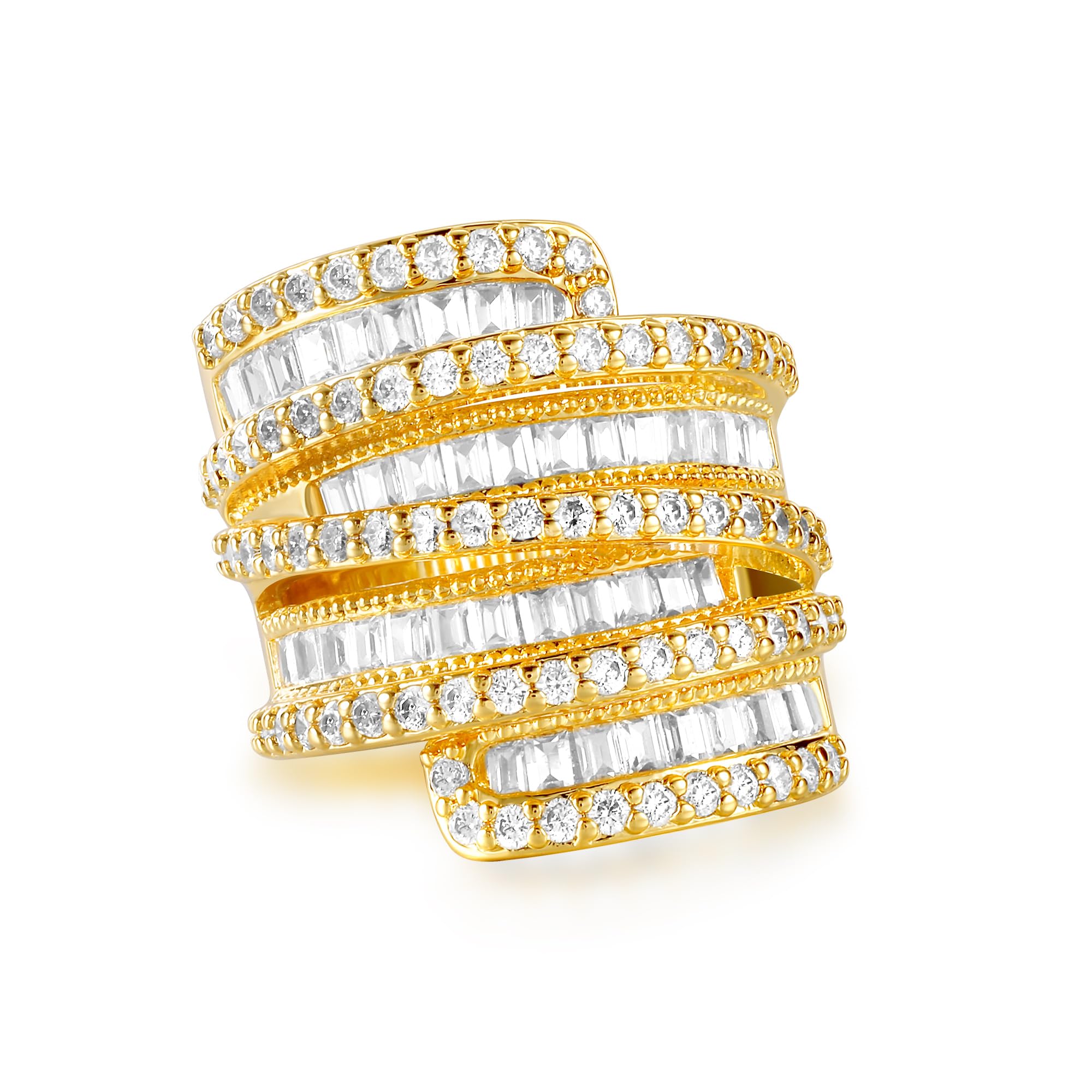 MDFUN 4 Rows Emerald Cut Cubic Zirconia Rings 18K White Gold/Yellow Gold Plated Statement Halo Eternity Wedding Ring Baguette Band for Women Size 5-10