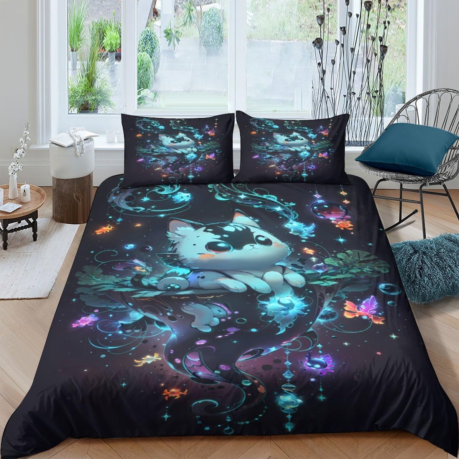 Housse de couette chat 3D rafraîchit une chambre terne en lit simple