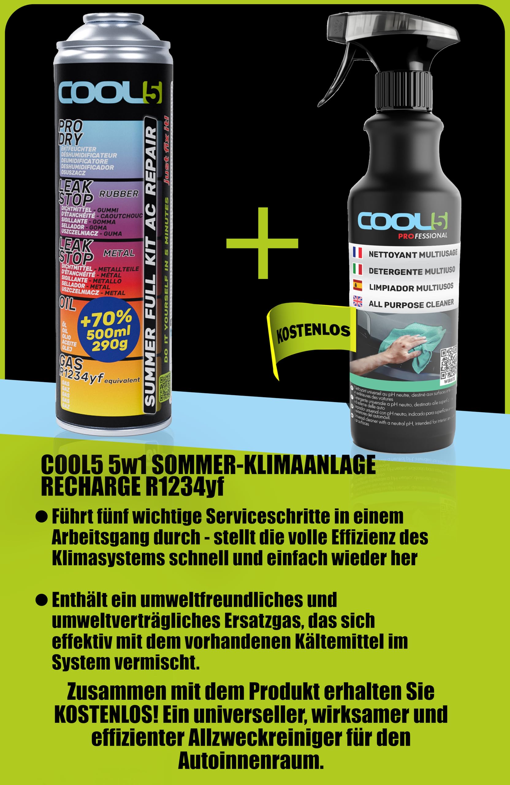 réfrigérant de Remplacement r1234yf pour climatisation Automobile - 5 boîtes, 5en1, 290g