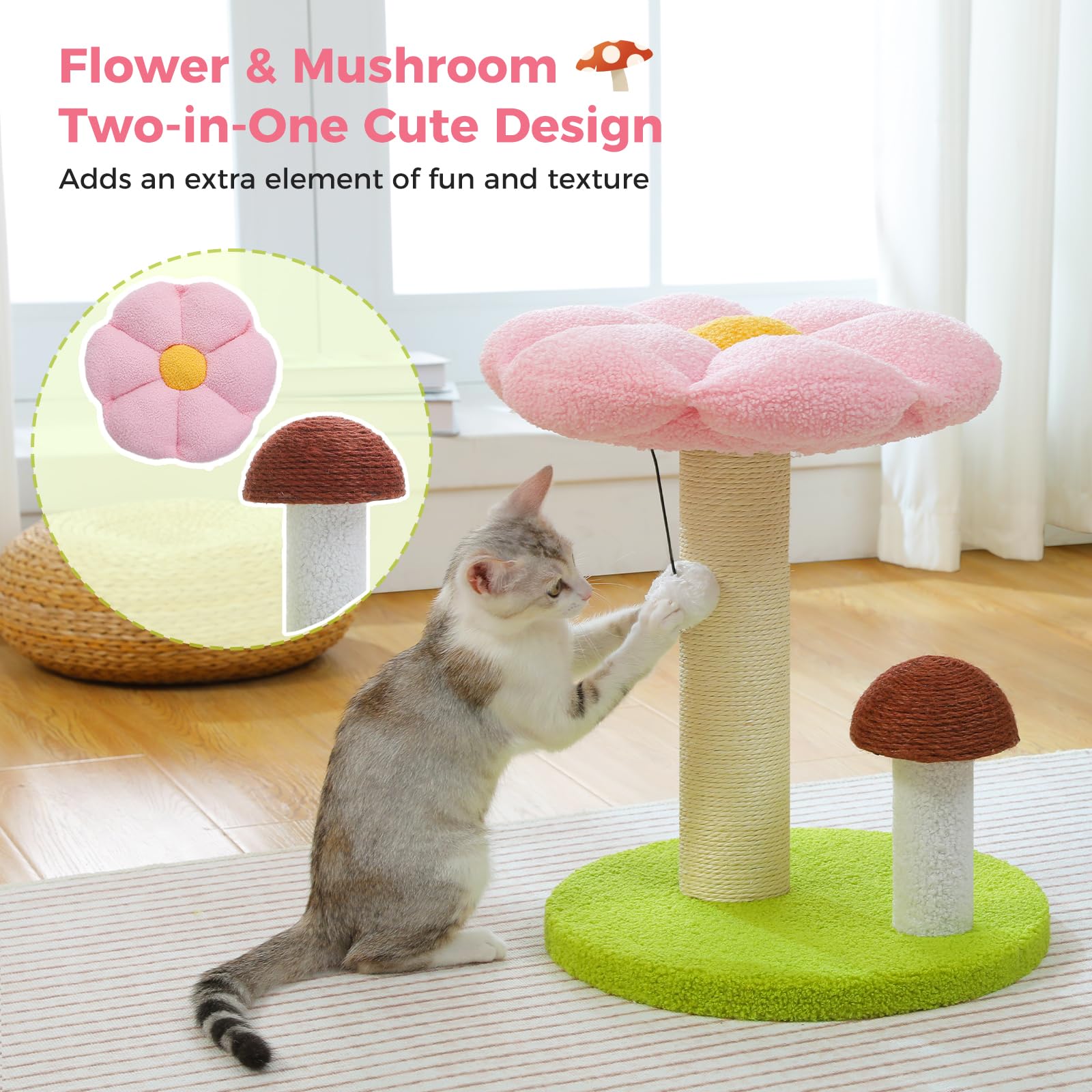 PETEPELA Cat Scratching Post, Mushroom Tall Cat Scratcher Featuring with Natural Sisal Scratching Poles and Interactive Toy Ball for Kittens and Small Cats (Brown): 19.6" Flower Pink