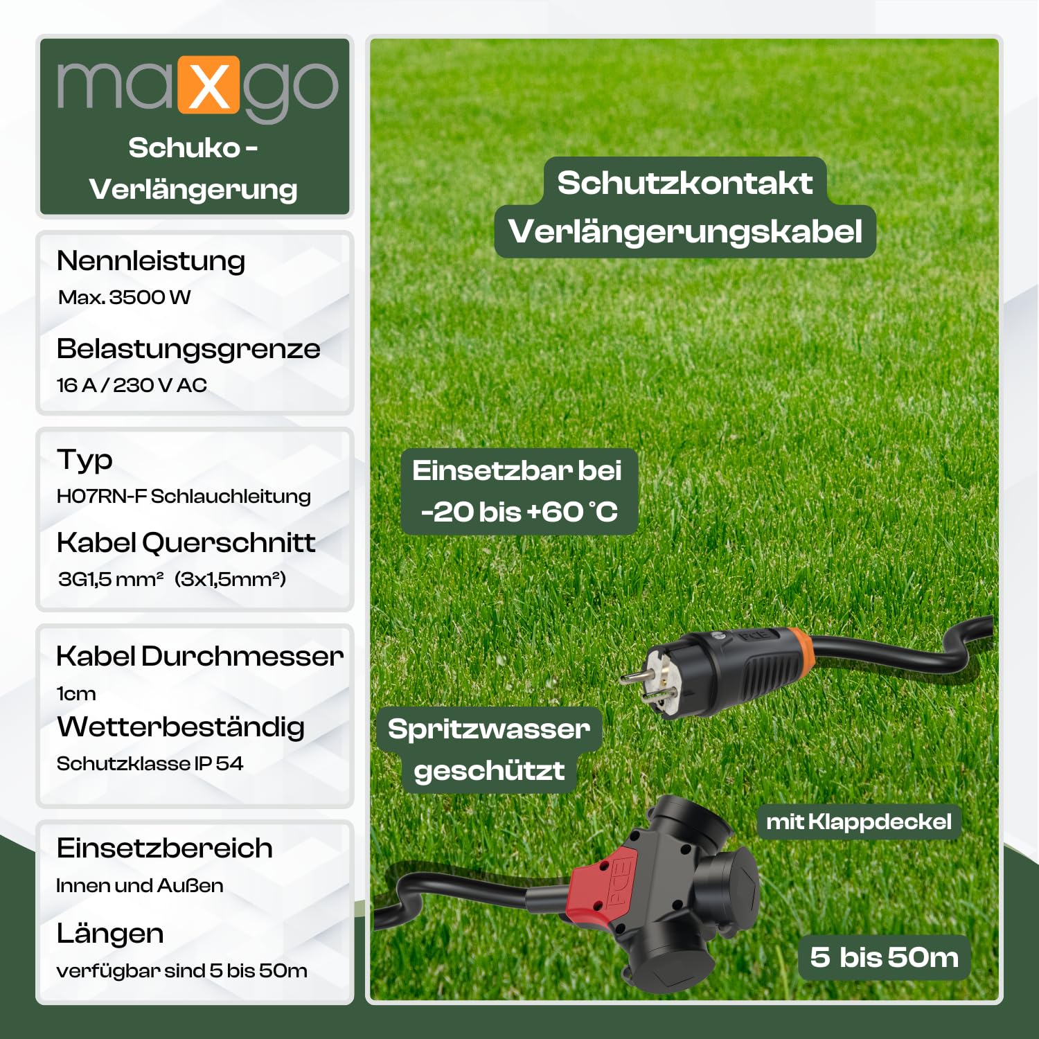 Schutzkontakt Verlängerungskabel 5m Außen 3Fach Verteiler Stromkabel Außenbereich Schuko Verlängerung PCE Outdoor Verlängerung Kabel Steckdosenleiste 3-Fach Mehrfachstecker Multisteckdose 3x1,5
