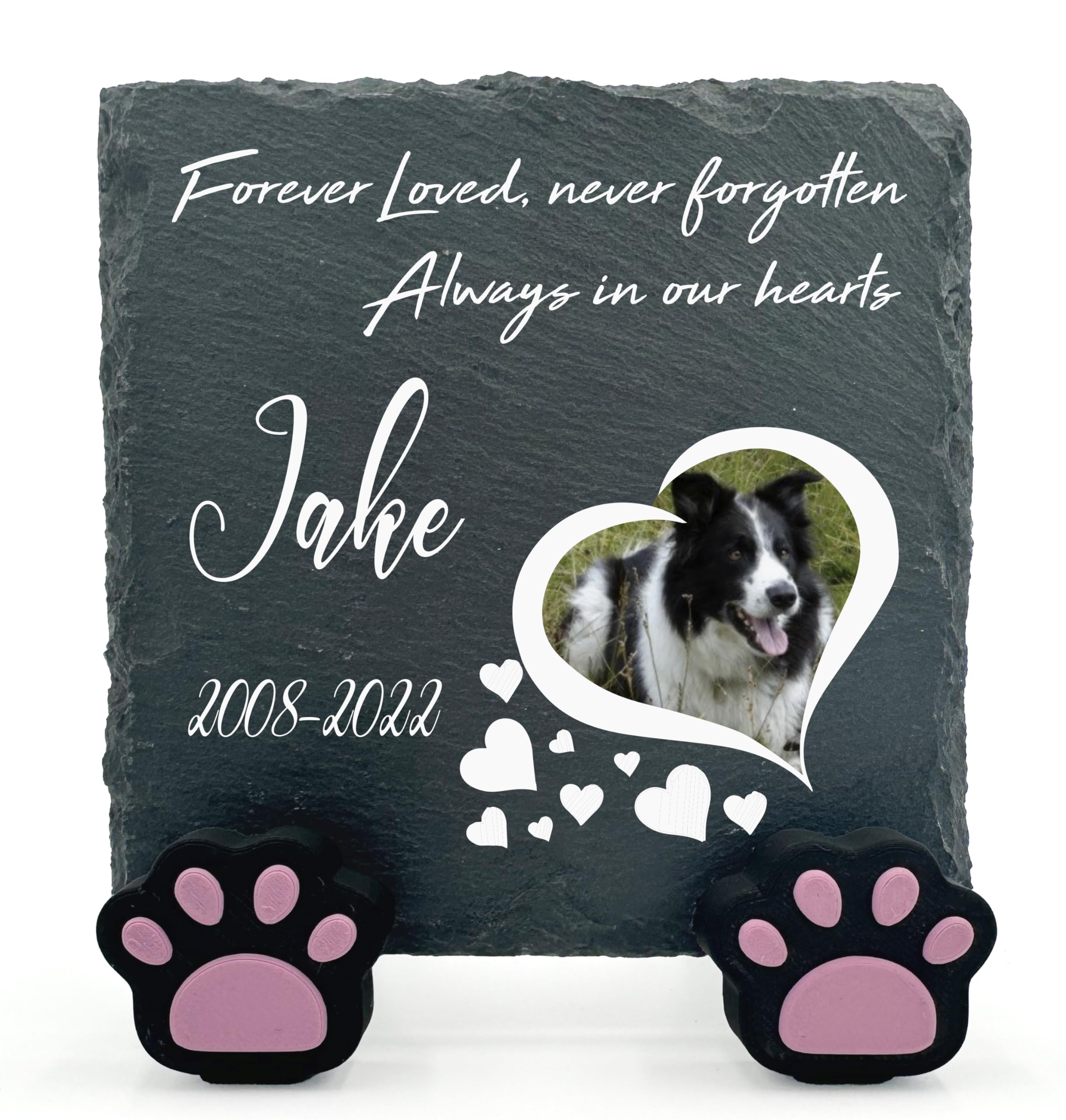 TULLUN Personalised Individual Square Memorial Small Plaque with Paw Stand For Pet Cat Dog Slate Stone Frame Grave Marker - Size 3.94" x 3.94" or 100 x 100 mm - Heart Photo