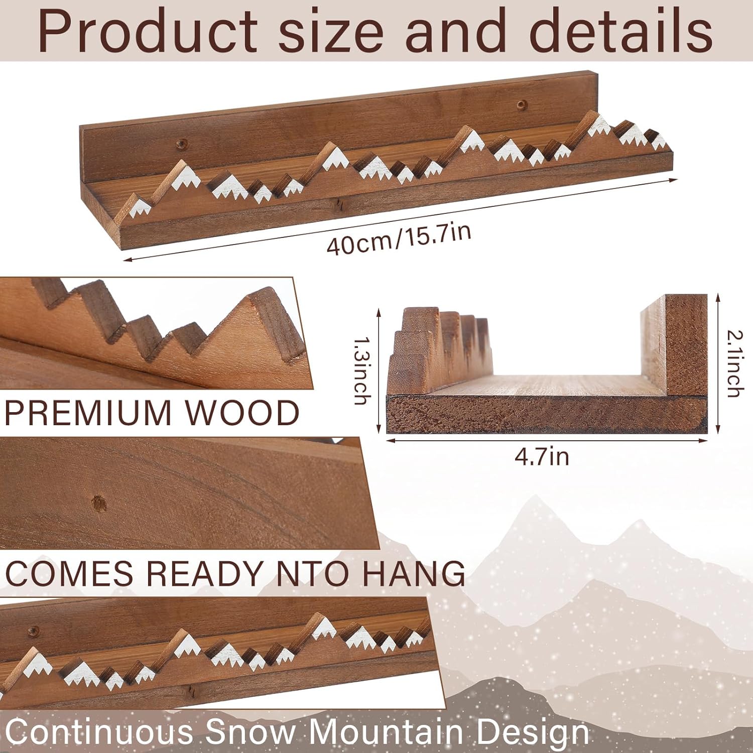 Wenqik 3 Pcs Snow Mountain Floating Shelves Wood Nursery Book Shelves Wall Mounted Rustic Floating Ledge for Kids Room(Dark Brown)