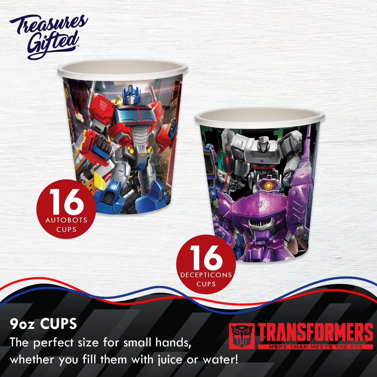 Treasures Gifted Officially Licensed Transformers Party Supplies - Serves 32 Guests - Dinnerware Deluxe Set - Transformers Plates, Napkins, Cups & Tablecloth
