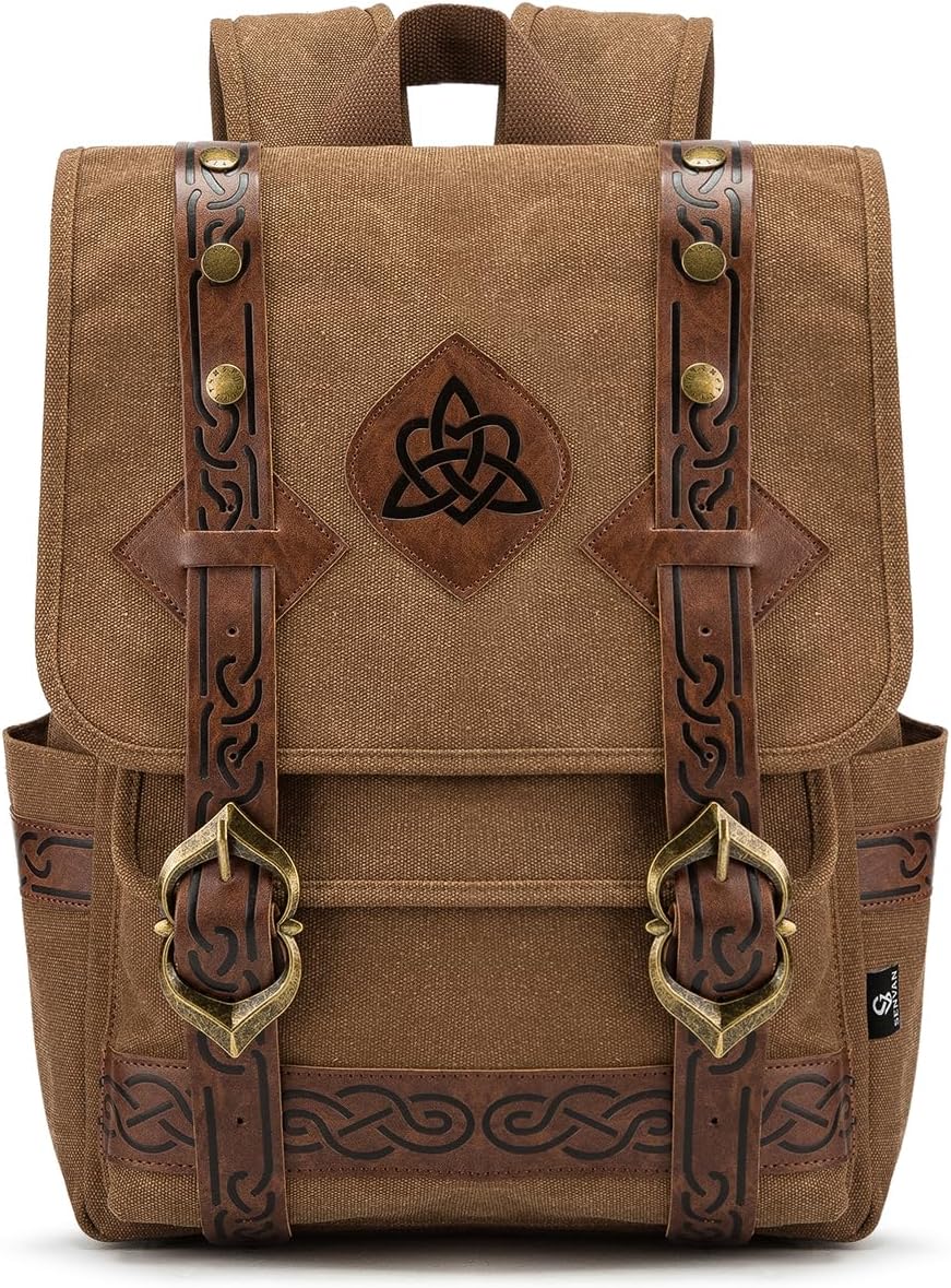 SV SENVAN Viking Renaissance Shoulder Bag – Steampunk Canvas Backpack – Medieval LARP Travel Bag with Metal Accents, Brown Embossed Design