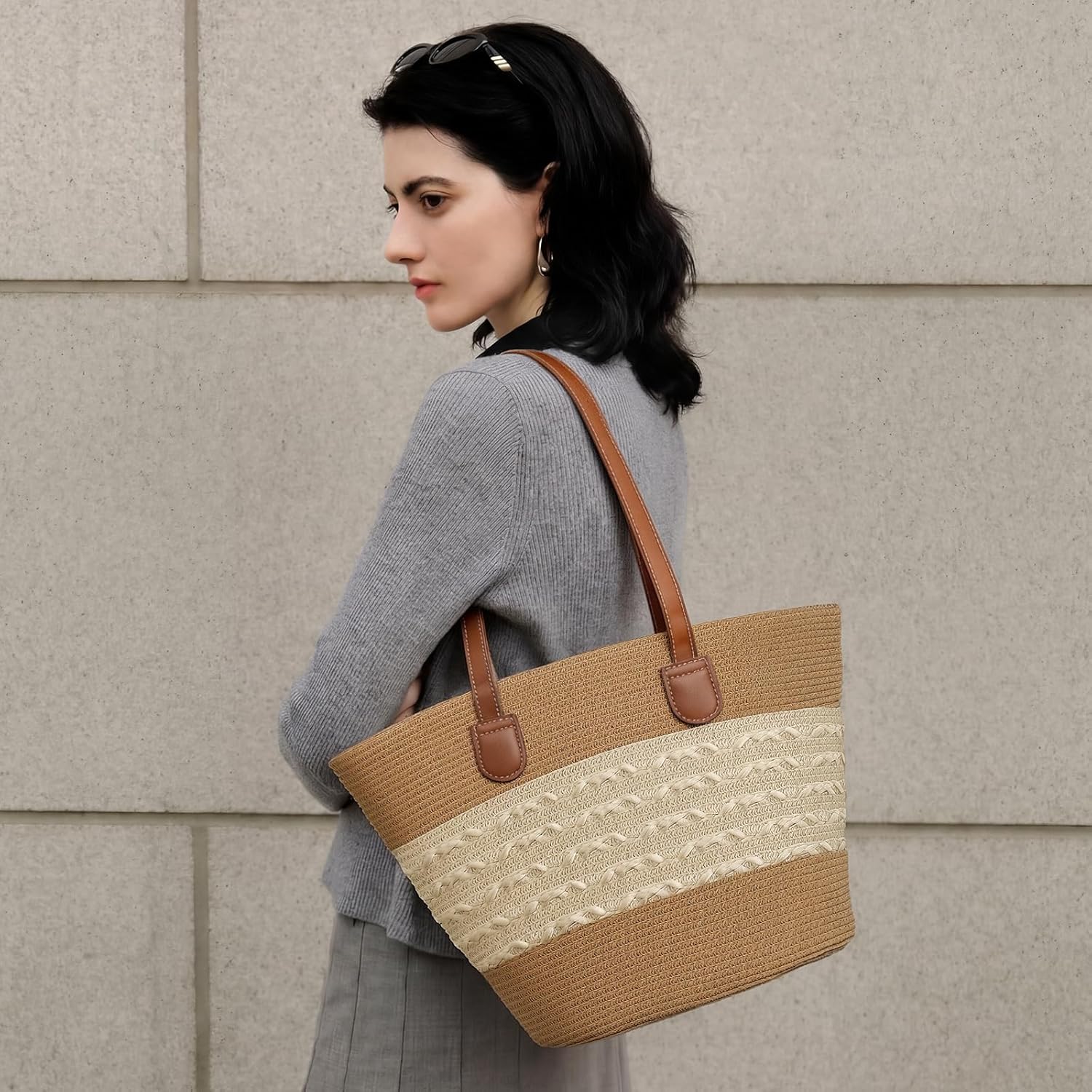 Pleneal Straw Beach Bag For Women, Summer Straw Handbags for Women Large Shoulder Purses Woven Tote Bag