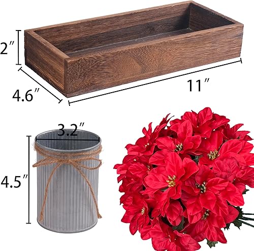 Miniatura 4 de Flores de Pascua artificiales para decoración navideña, paquete de 3 flores de Pascua rojas en macetas de metal galvanizado con caja de madera,