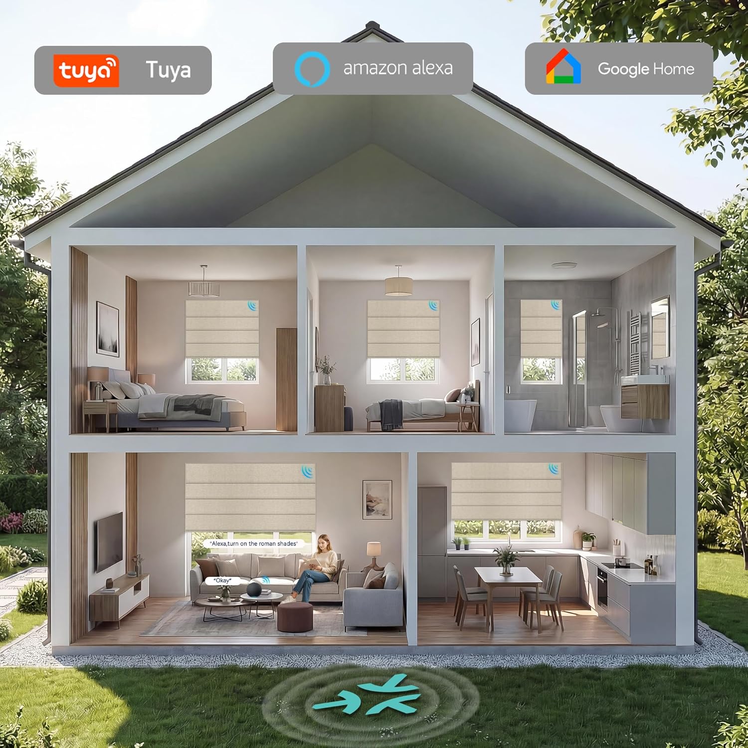 BERISSA Motorized Top Down Bottom up Roman Blinds with Remote,Cordless Smart Blackout & Light Filtering Fabric Roman Shades for Indoor Windows,Alexa Google Home,APP Control,Custom Color-Size.