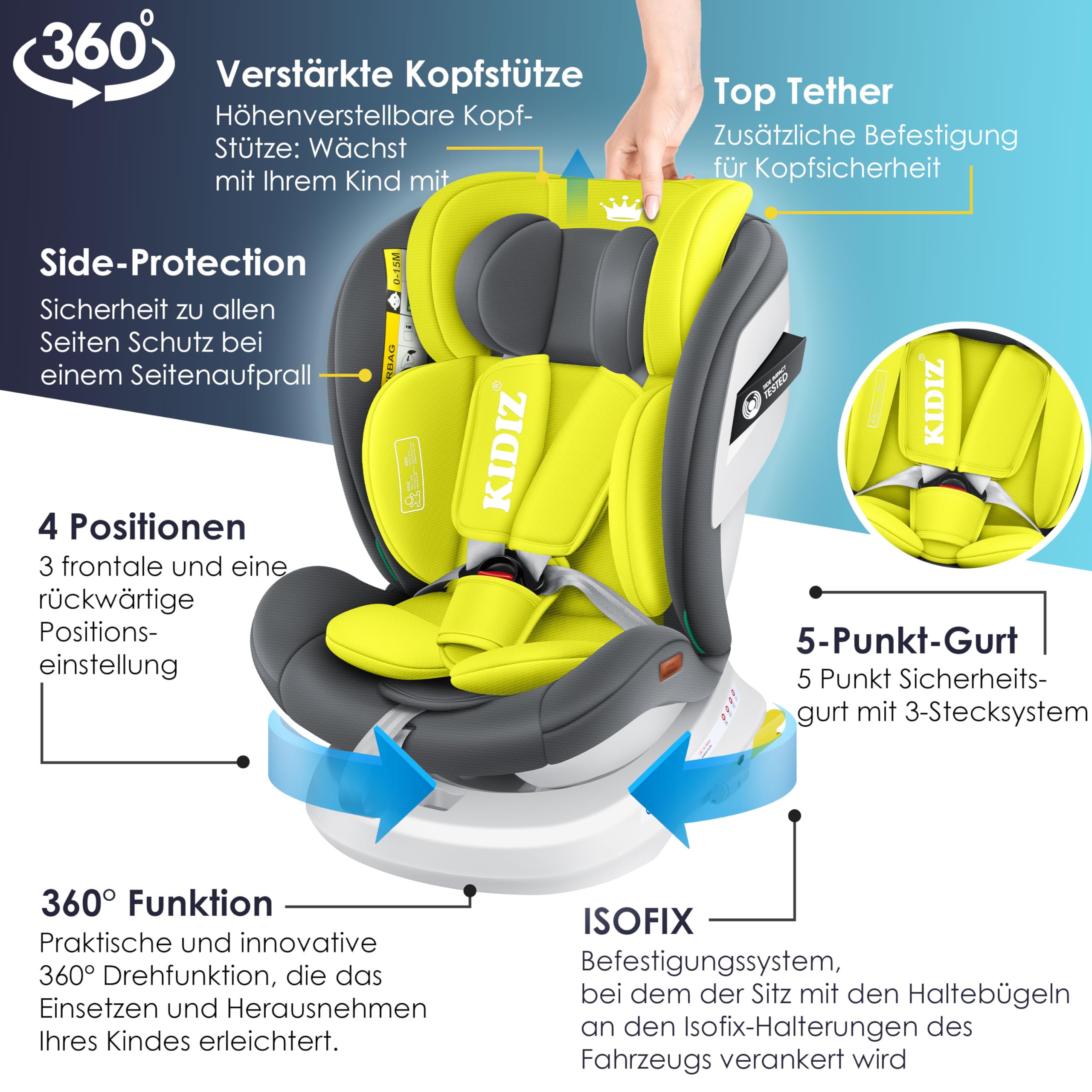 KIDIZ® Seggiolino auto per bambini Seggiolino auto per neonati Seggiolino auto per bambini Isofix Top Tether Girevole a 360° Gruppo 0/1/2/3 dalla nascita 0-36kg, grigio
