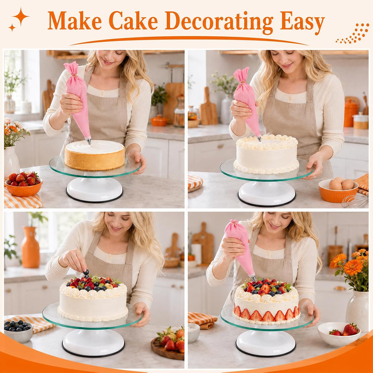 12" Glass Cake Turntable with 6 Icing Piping Tips, 1 Piping Bag