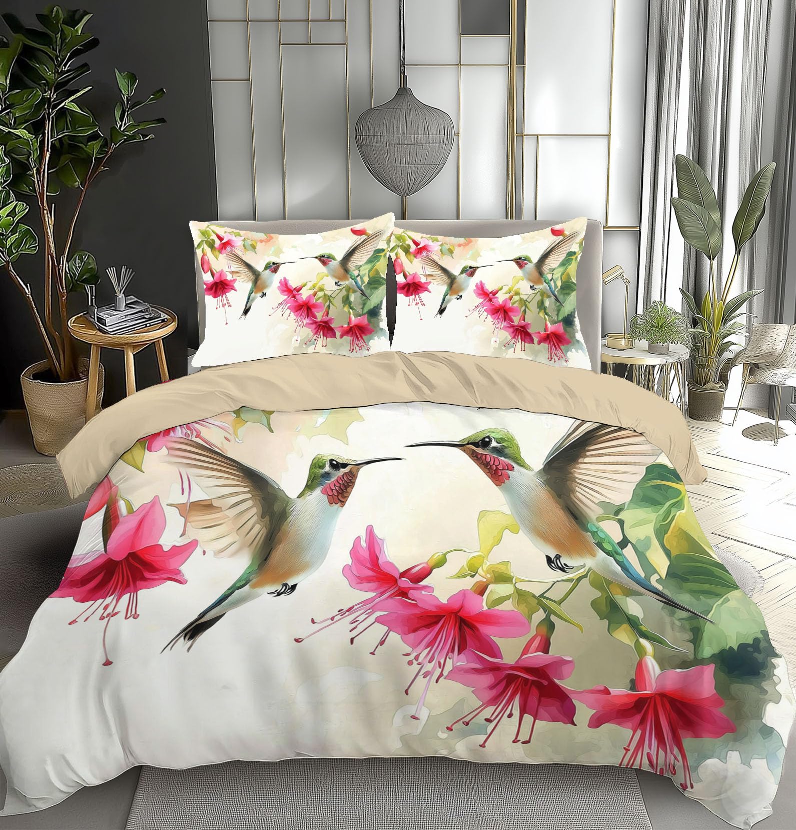 Housse de couette microfibre à fermeture éclair motif colibri
