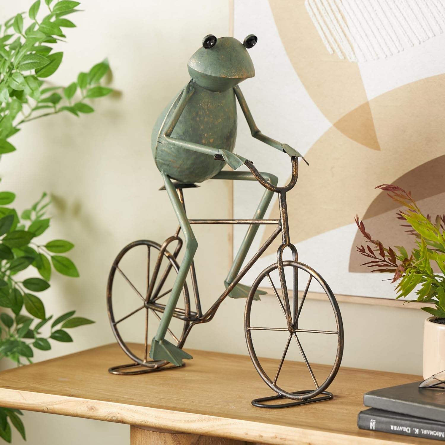 Deco 79 Metal Frog Decorative Garden Sculpture On Bicycle Garden Statue with Gold Accents, Outdoor Sculpture 19" x 7" x 19", Green