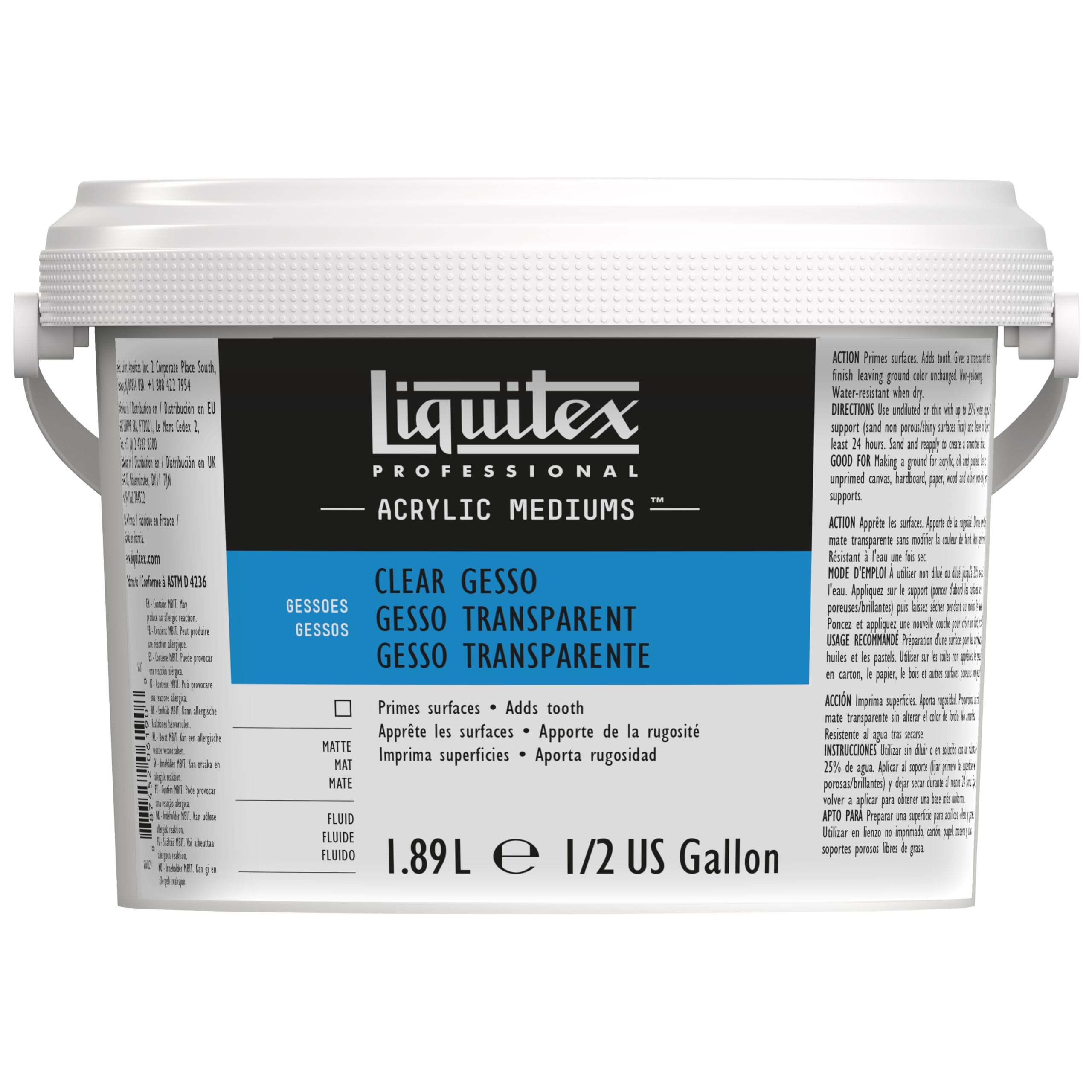 Liquitex 5337 Professional Bezbarwny Gesso, Uniwersalny Podkład pod Farby Akrylowe, Lekki i Odporny na Starzenie Podkład, Gotowy do Użycia, Butelka 1,89 L, Przezroczysty