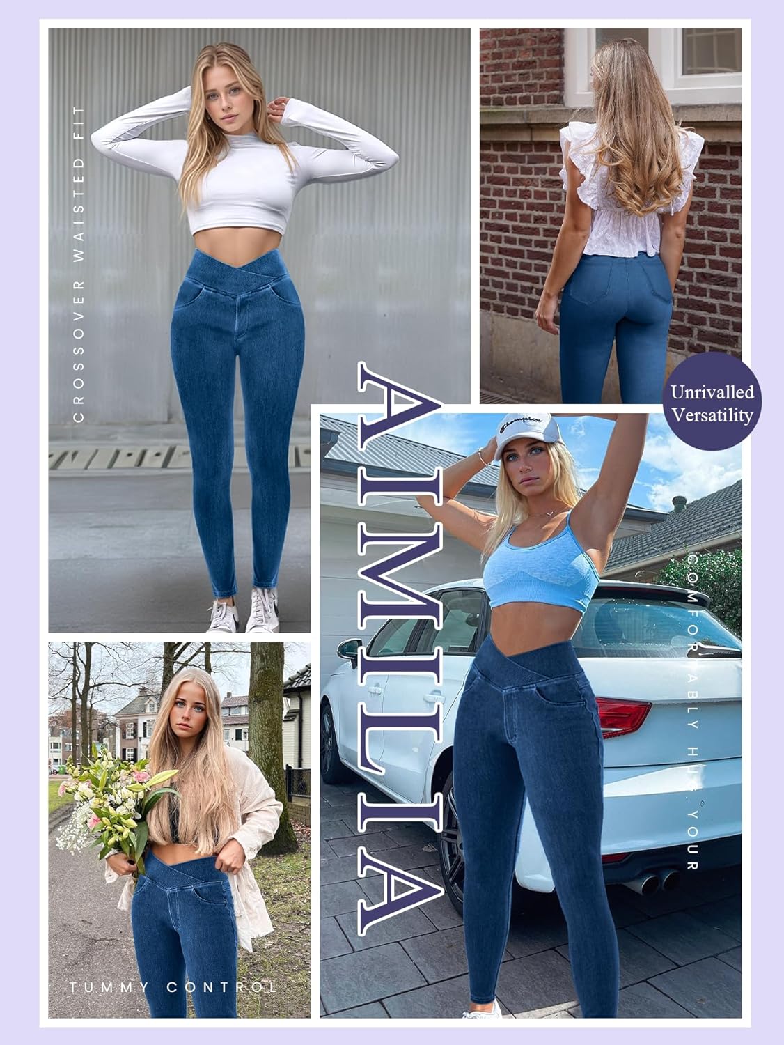 AIMILIA Crossover Jeggings for Women Tummy Control High Waist Pull On Stretchy Jeans Denim Leggings with Pockets Slimming - Image 5