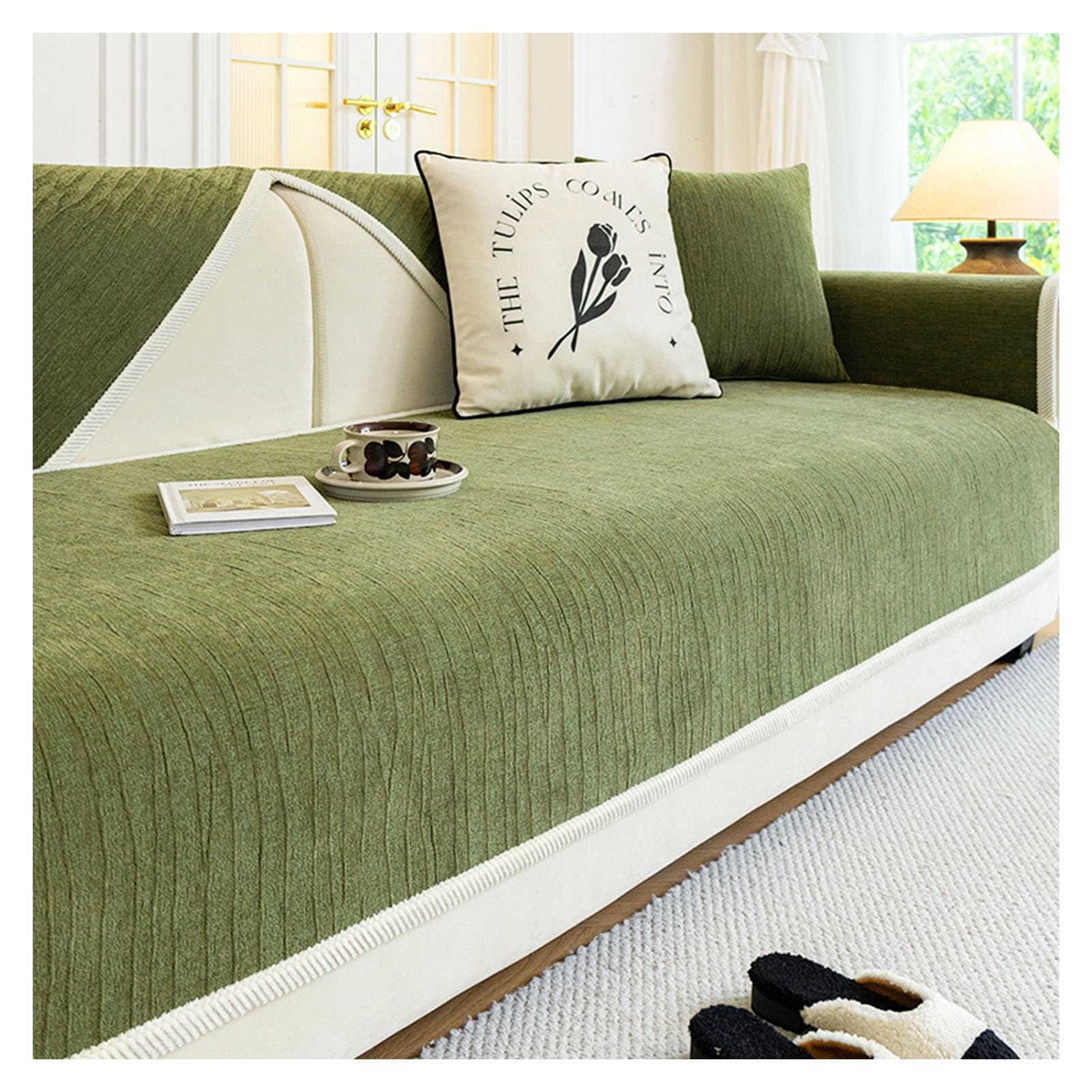 DDS22E Washable Chenille Sofa Blanket, Plush Super Soft Furniture Cover with Anti-Slip Latex Particles,(Green,90 * 160cm)