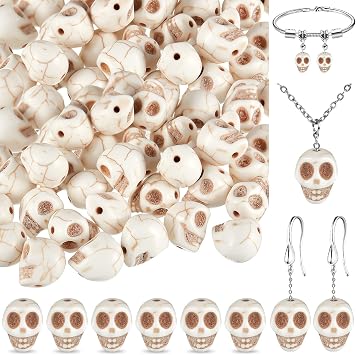 Jadive 120 Pieces Skulls Beads for Jewelry Making 10 mm, White Gothic Skull Bead, Realistic Looking Skull Antique Kallaite Skulls for Jewelry Making Halloween Party Accessories