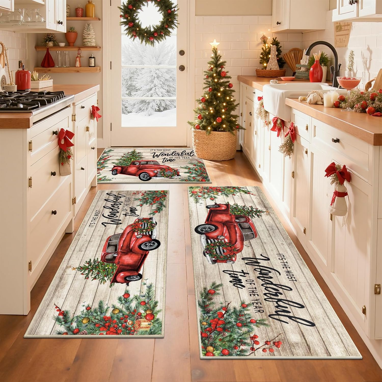 Pauwer Christmas Kitchen Rugs Sets of 3, Christmas Tree Truck Kitchen Floor Mats, Farmhouse Rugs and Mats Non Skid Washable, Runner Rugs Doormat for Laundry Room, Hallway