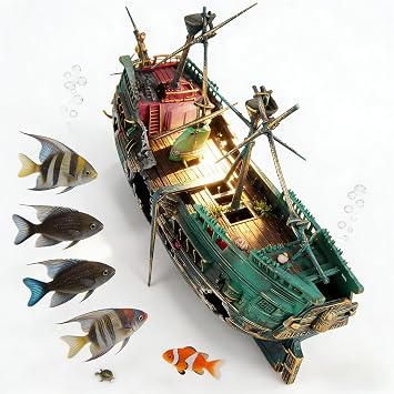 Aquarium Shipwreck Decorations, Air Bubbler Sunken Ship Ornament, Air Action Aerating Decor for Fish Tank Landscape, Ideal for Freshwater & Saltwater Aquariums, Decorative & Functional