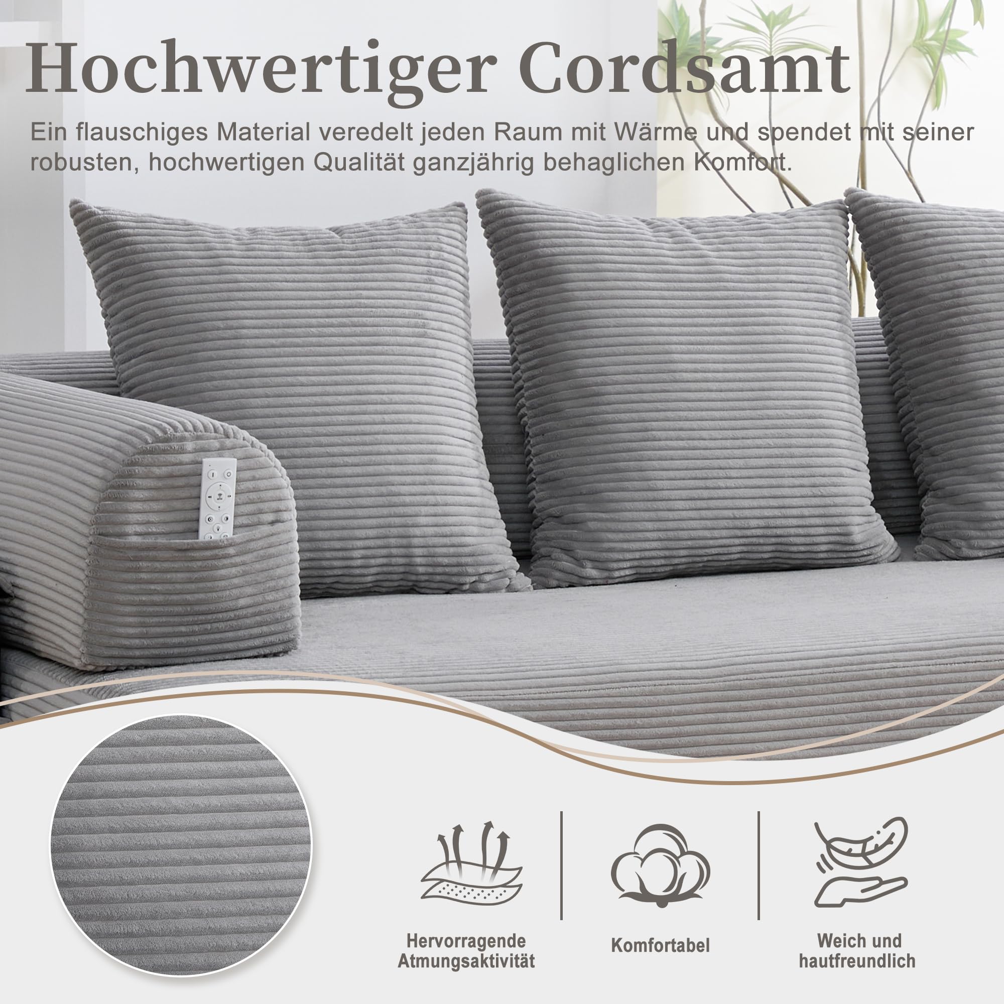Sapgaks - Sofá convertible de 3 plazas con estructura de metal resistente, bolsillos laterales y 3 cojines, sofá modular de pana, se puede combinar libremente, sofá cama, gris claro