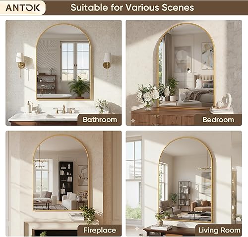 Miniatura 9 de Antok Espejo de baño de arco, espejos de pared de 20 x 28 pulgadas para baño, espejo de tocador negro con marco de metal para dormitorio, entrada,