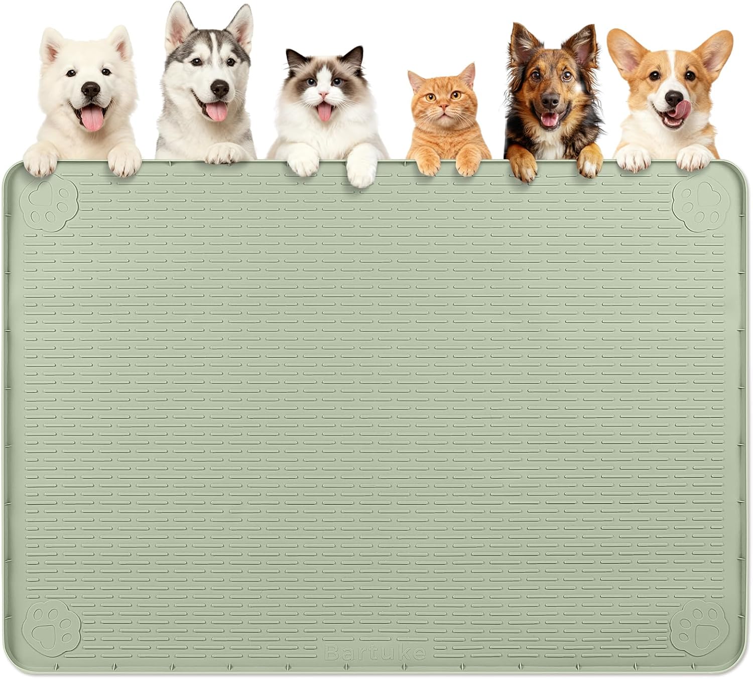 Dog Food Mat, Extra Large 57" x 40" Silicone Pet Feeding Mat with Raised Edge Pet Placemat for Small, Medium, and Large Pets Non-Slip, Easy to Clean (Green)