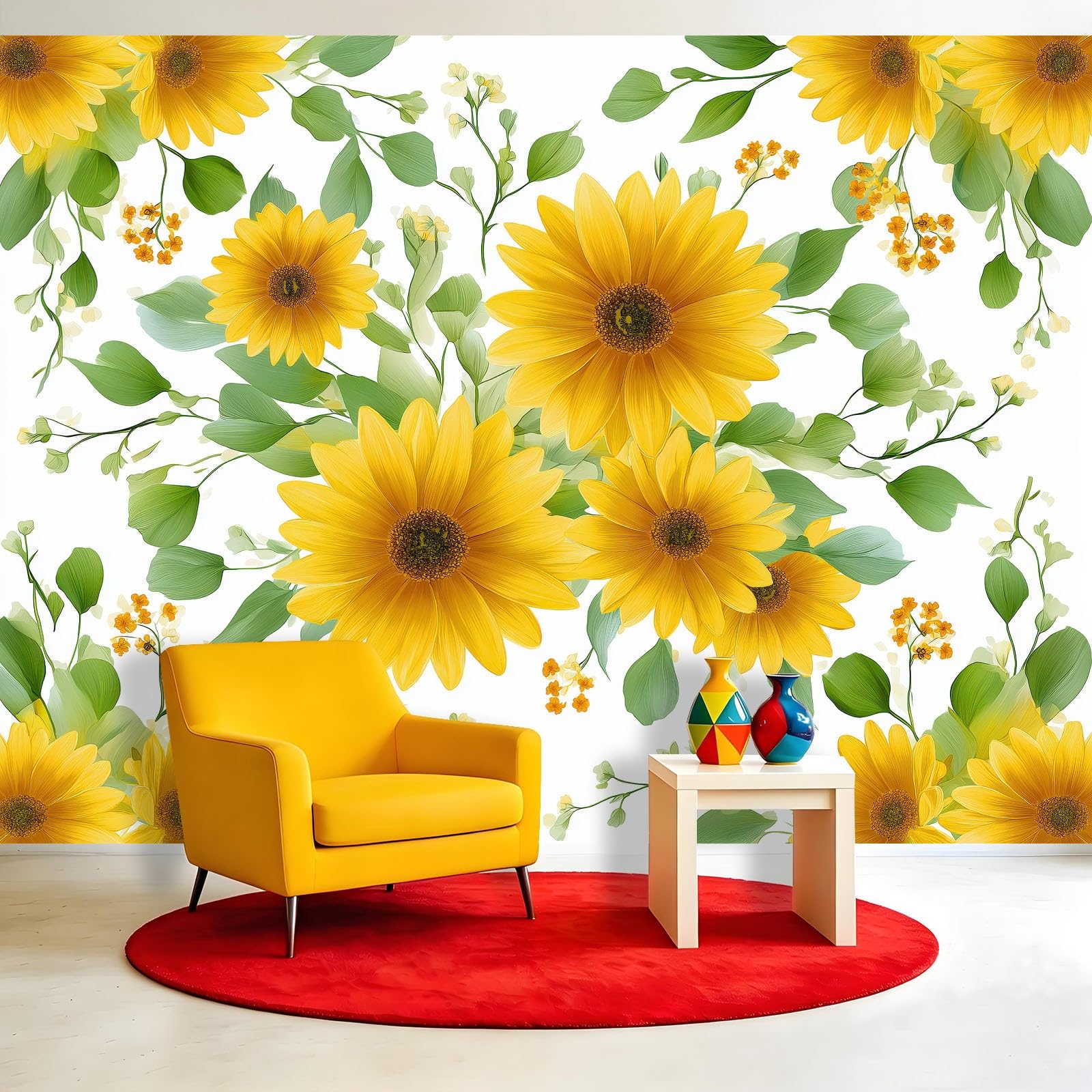Carta da parati fotografica con foglie verdi girasole 300 x 210 cm (larghezza x altezza), stampa artistica di alta qualità, motivo floreale dipinto a mano, decorazione per la casa, per camera da letto