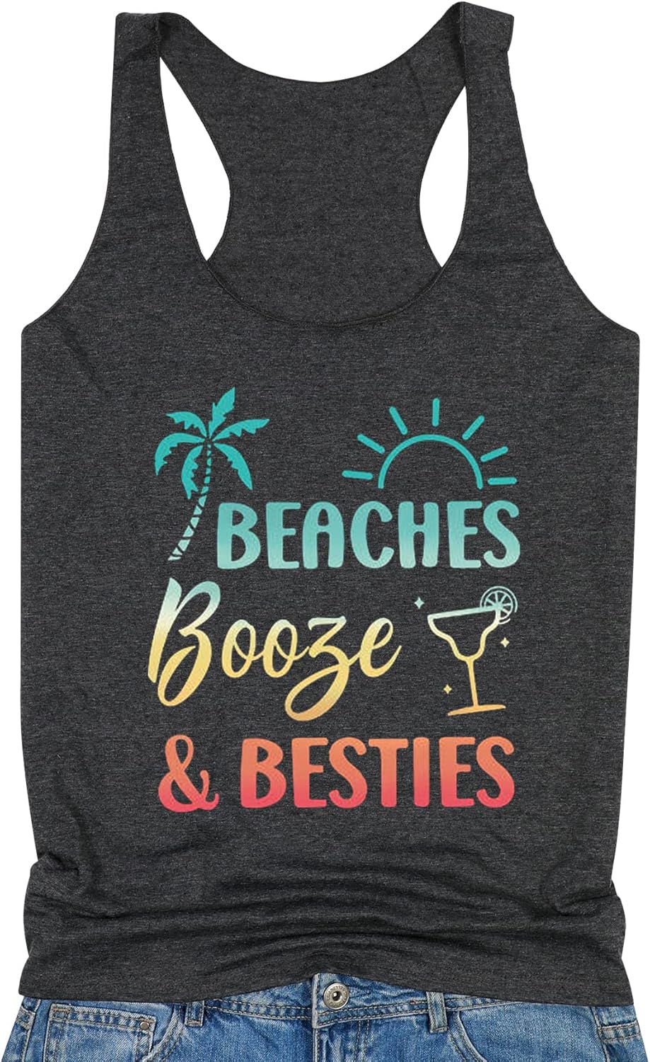 Beaches Booze & Besties Coconut Tree Racerback Tank Tops Women Sleeveless Summer Graphic Tank Top Beach Vacation Tee