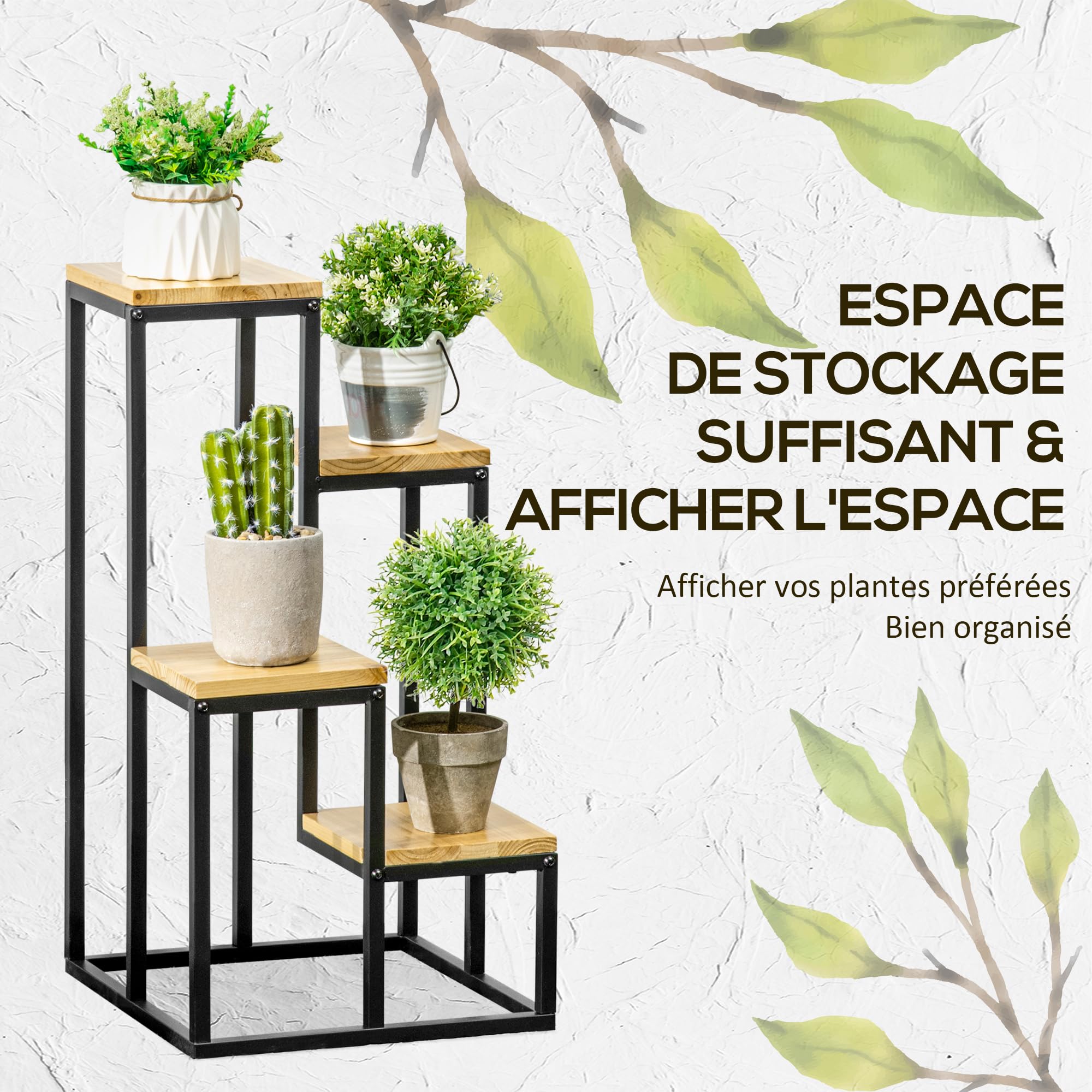 Outsunny Support pour Plantes Étagère à Fleurs 4 Étagères Différentes Hauteurs Structure Acier - 34 x 34 x 66 cm
